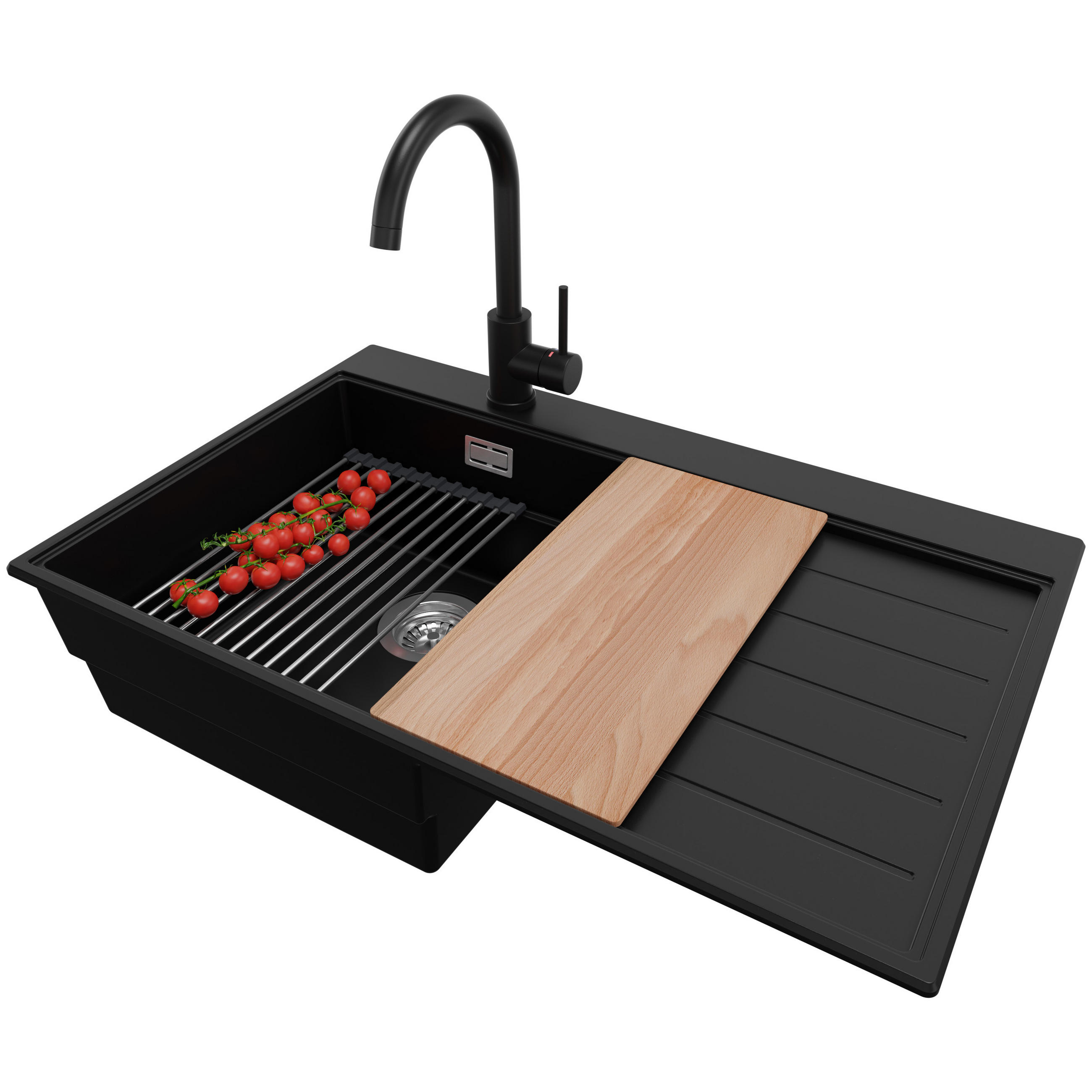 GRANITSPÜLE Sydney, 2-er set Schwarz 78/50 cm 1 Becken + Küchenarmatur 32/20 cm + Ablauf-Set + Küchenzubehörset ab 45er Unterschrank - Chromfarben/Beige, Kunststoff (78/20/50cm) - Primagran