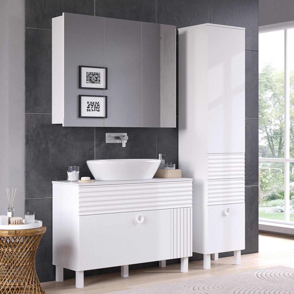 BADSCHRANK Sola Weiß 40.2 x 192.4 cm mit Tür und Schubladen - Weiß, Holzwerkstoff (40.2/192.4/37.2cm) - Vicco