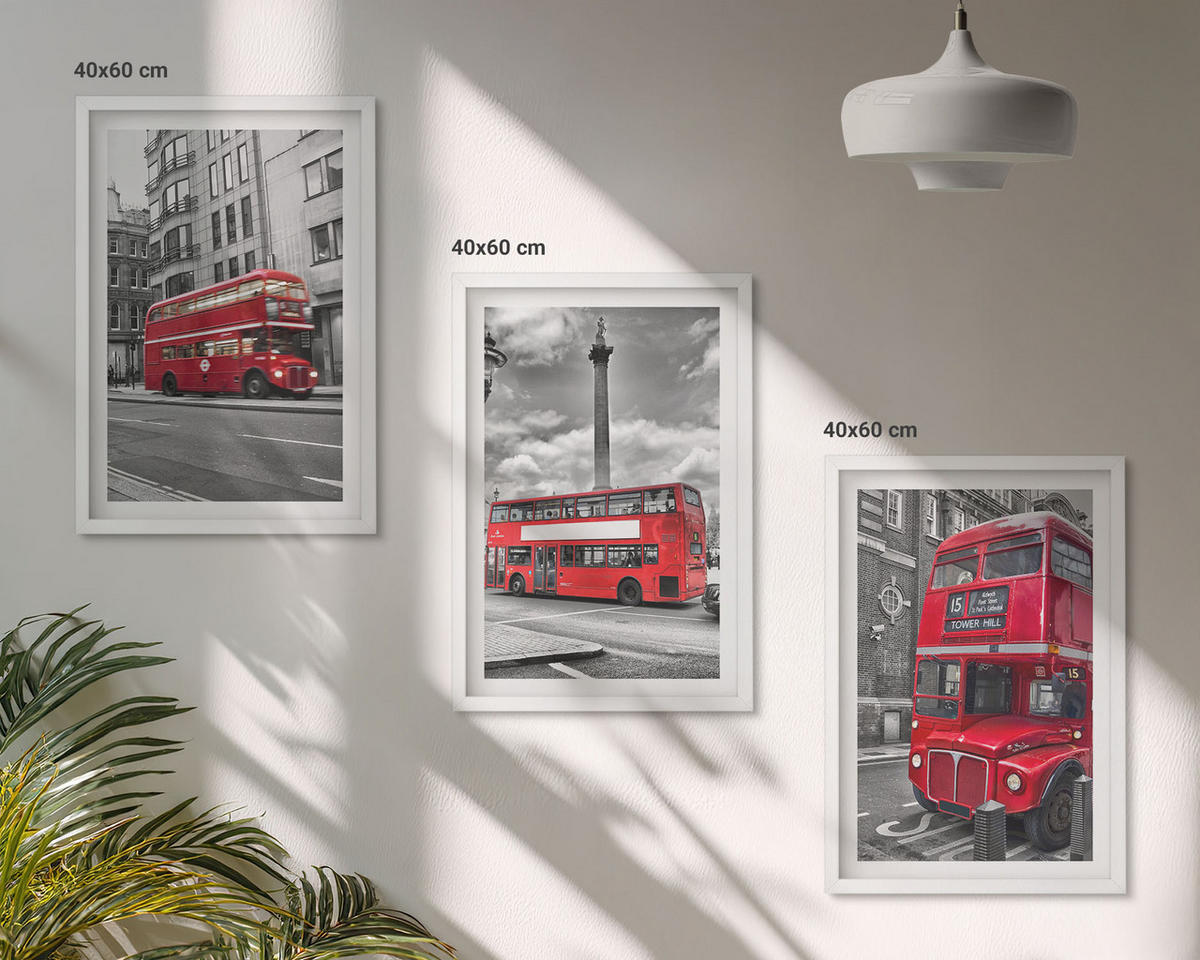 WANDBILDER 3er-Set - 40x60 cm Weißer Rahmen - Rote Busse in London - Weiß, Kunststoff (40/60cm) - ArtPrintCave