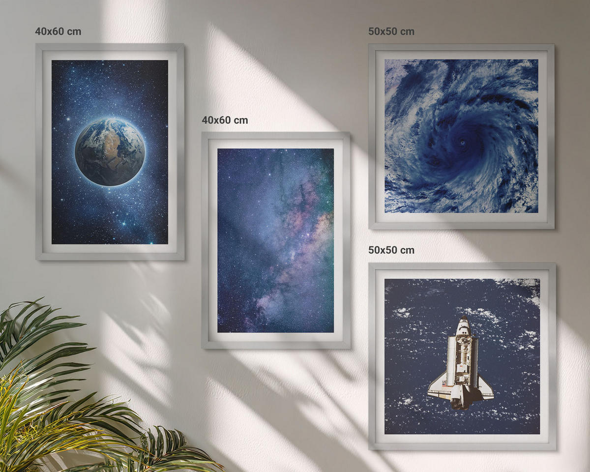 WANDBILDER 4er Set - 50x50 cm & 40x60 cm Silberner Rahmen - Erde Weltraumsturm Galaxie - Silberfarben, Kunststoff (50/50cm) - ArtPrintCave