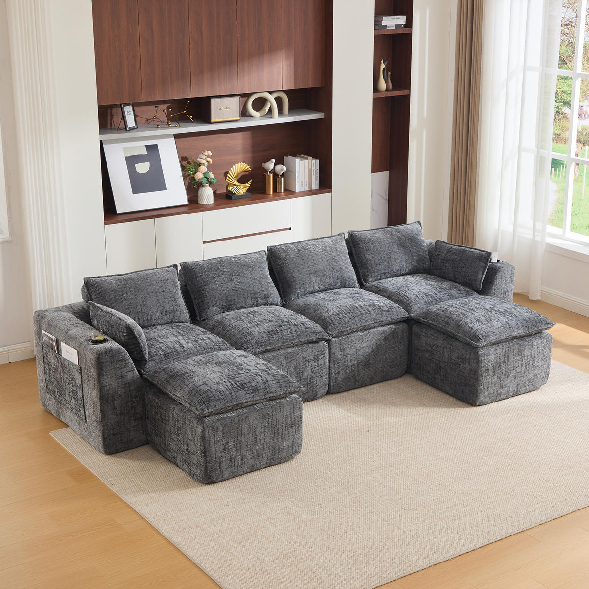 WOHNLANDSCHAFT DE-33951 modular mit 2 Fußhockern Grau - Dunkelgrau, Textil (161/75/332cm) - ComfortXL