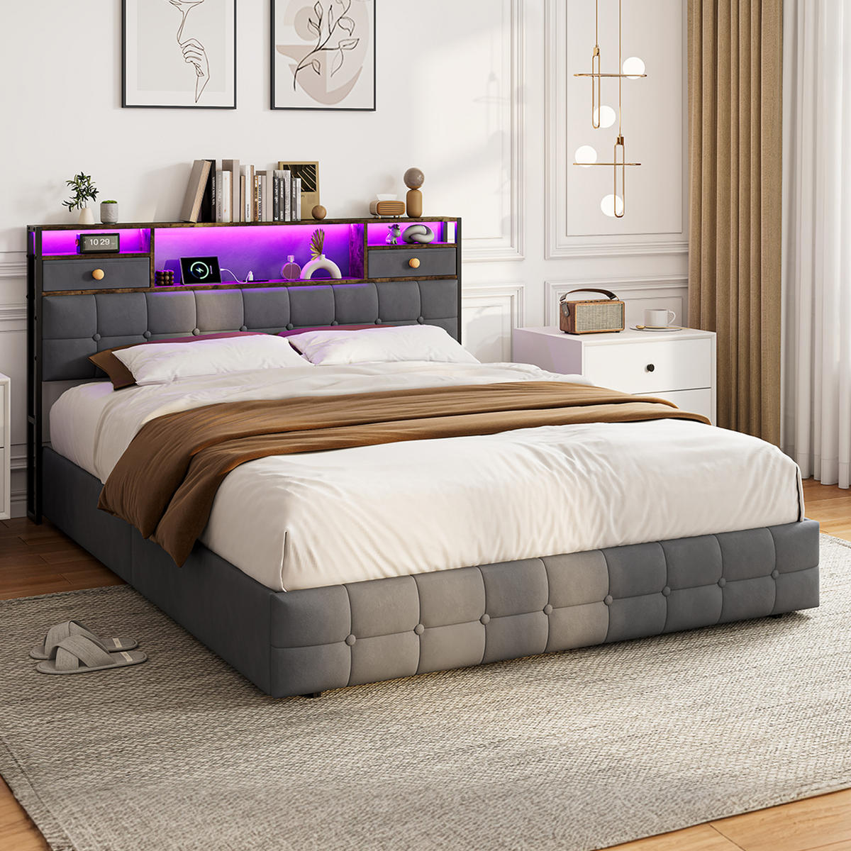 POLSTERBETT 160x200cm mit LED-Beleuchtung, Ladestation & Stauraum - Grau, Holz - SHOPENTRA
