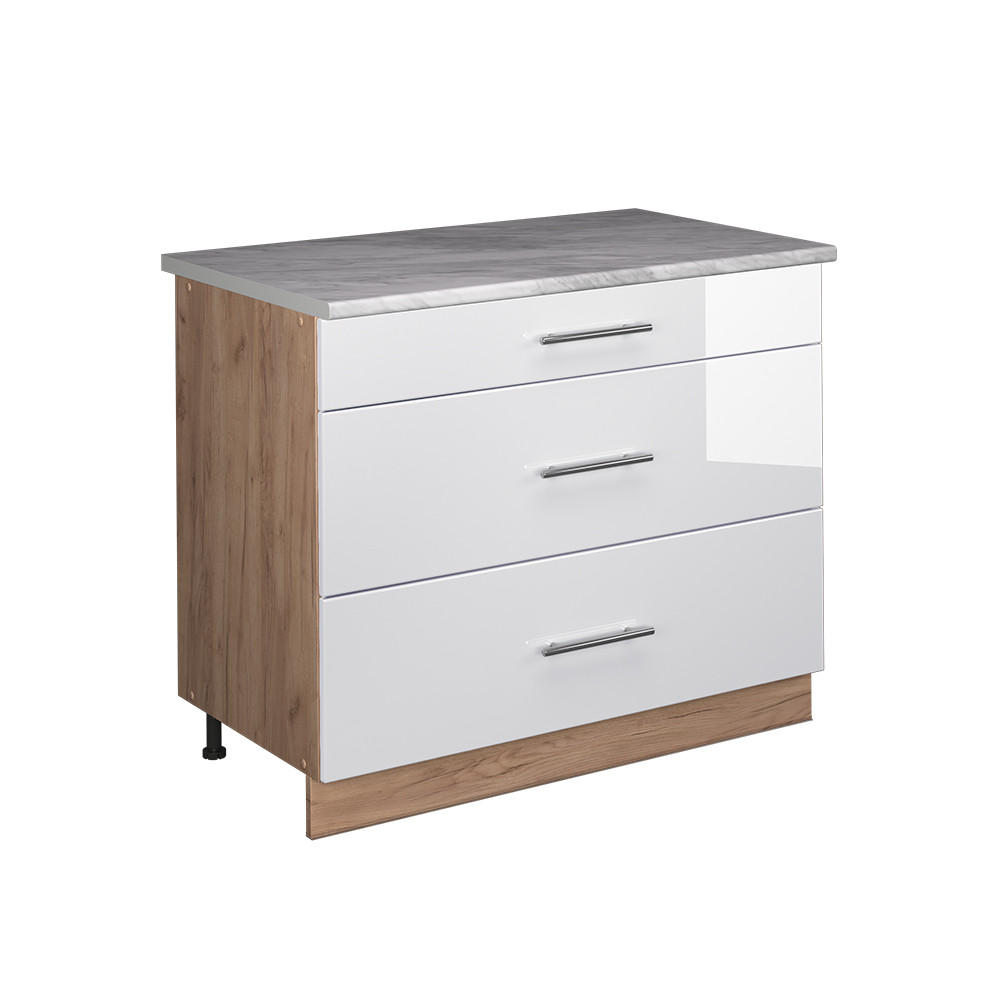 K&Ouml;KSUNDERSK&Aring;P Fame-Line, Vit h&ouml;gblank/Goldkraft ek, 100 cm, AP Marble Vit h&ouml;gglans, Honungsek 82/100/60 cm