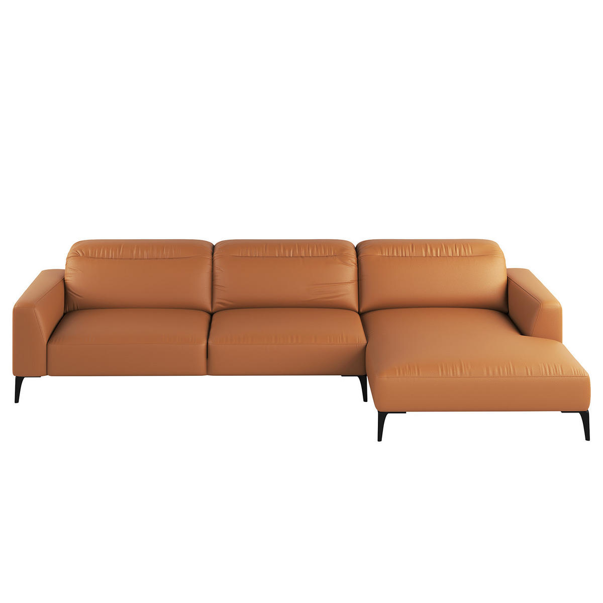 ECKSOFA mit Longchair - Cognac/Schwarz, Leder/Metall (328/180cm) - home24