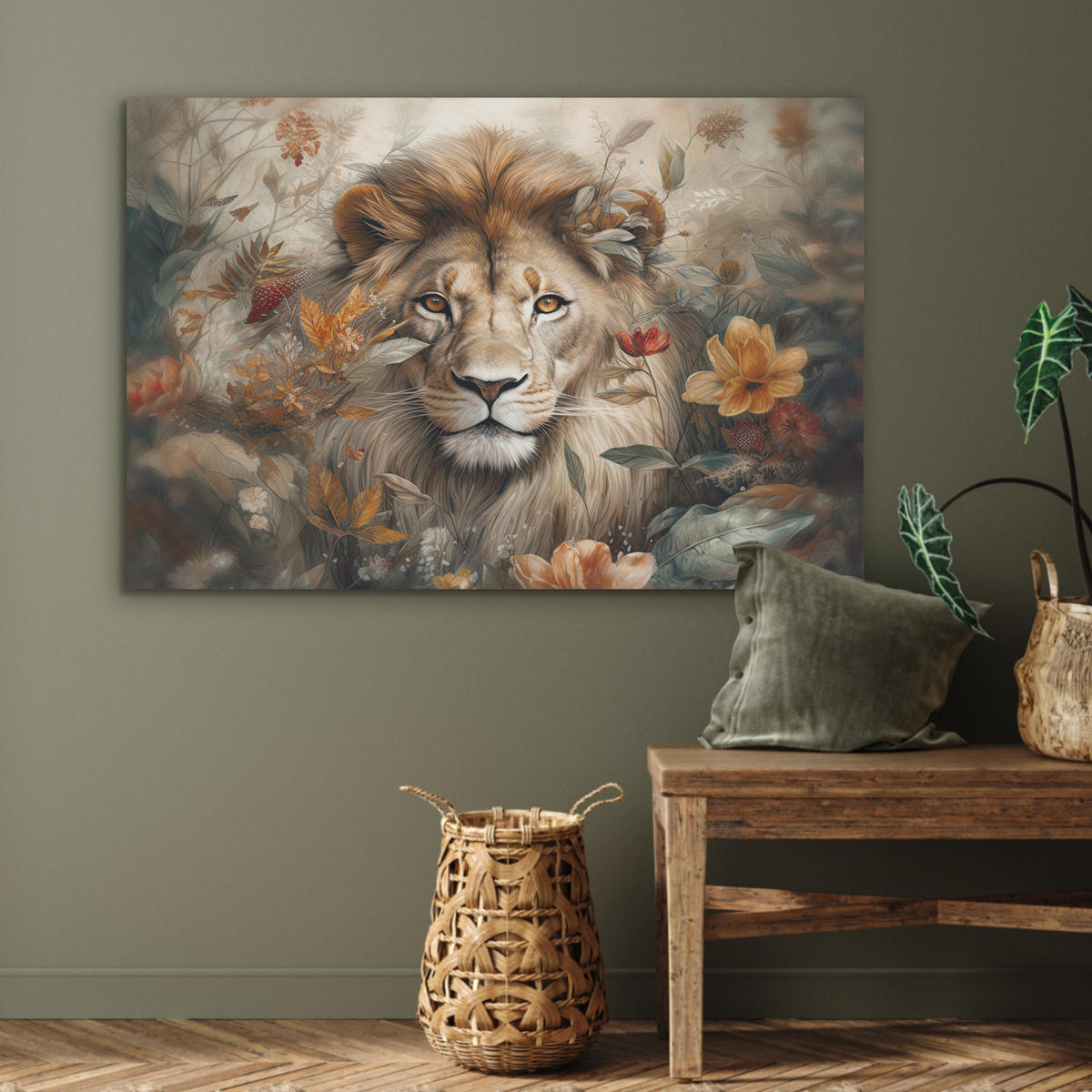 AKUSTIKPANEEL Löwe - Wildtiere - Pflanzen - Natur - Blumen 100x70 cm - Beige, Textil (100/0.9/70cm) - MuchoWow