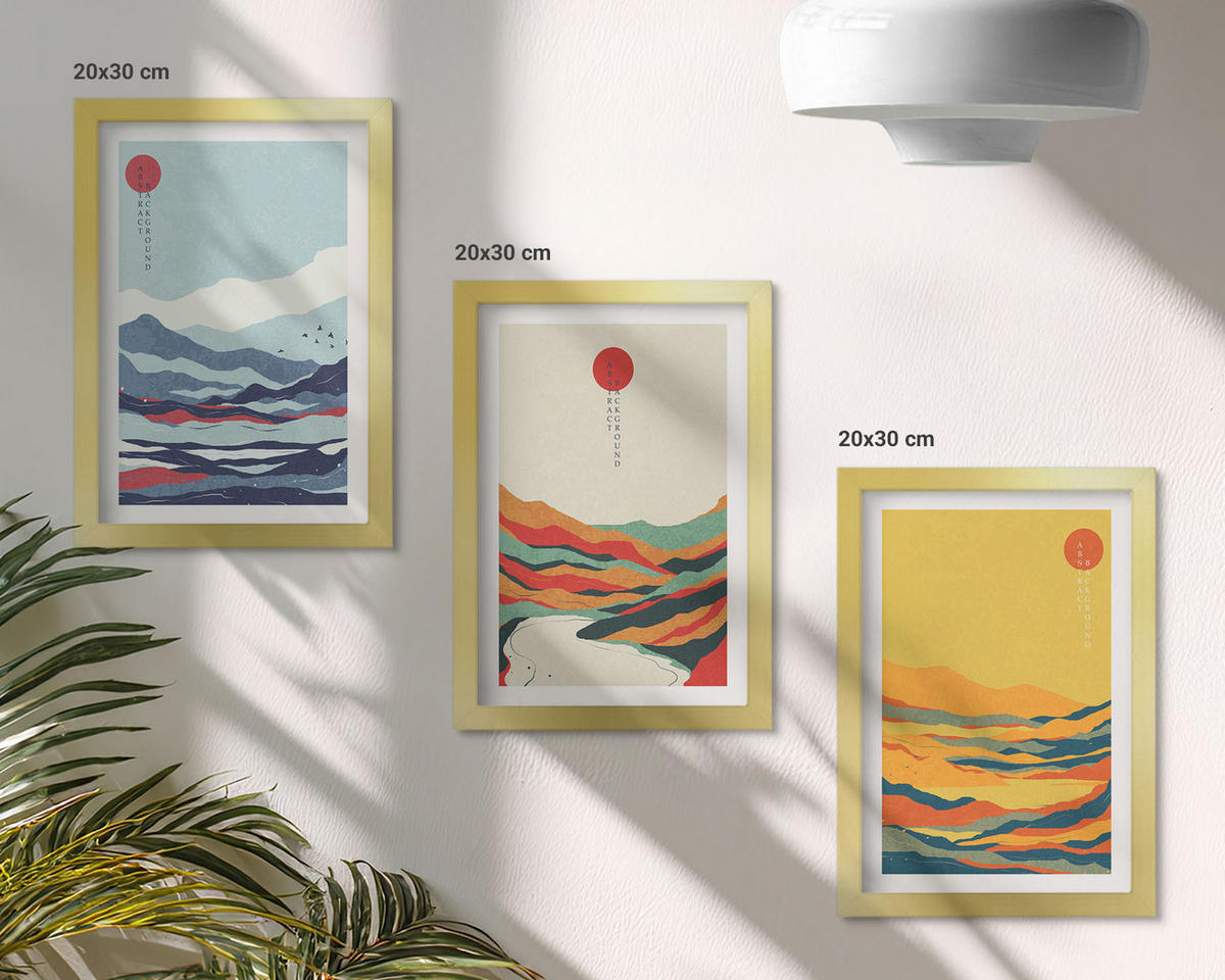 WANDBILDER 3er Set - 20x30 cm Goldrahmen - Abstraktion von farbenfrohen Bergen und Flüssen - Goldfarben, Kunststoff (20/30cm) - ArtPrintCave