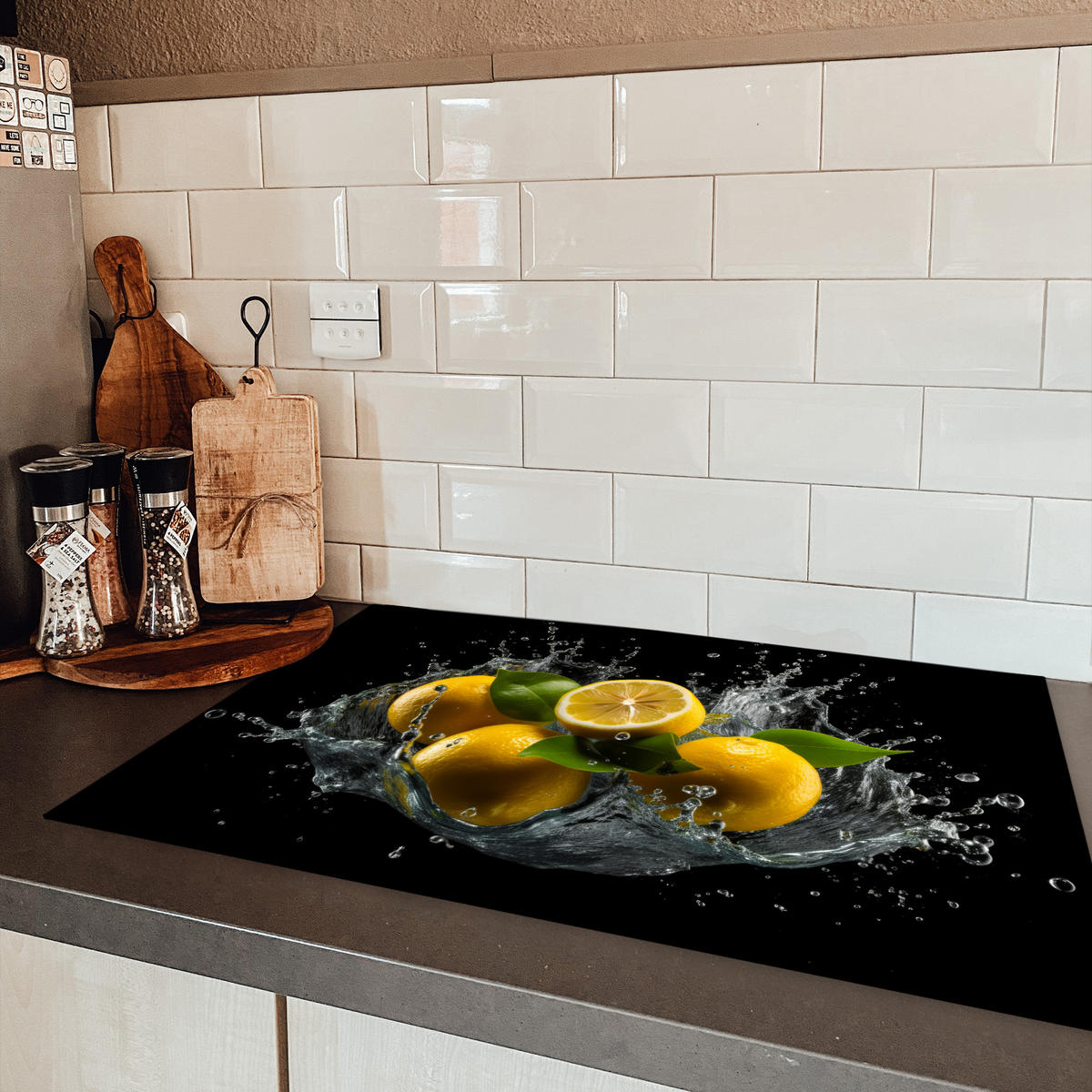 HERDABDECKPLATTE Zitrone - Obst - Gelb - Schwarz Induktionsschutz 80x52.2 cm - Gelb, Kunststoff (80.2/52.2/0.2cm) - MuchoWow