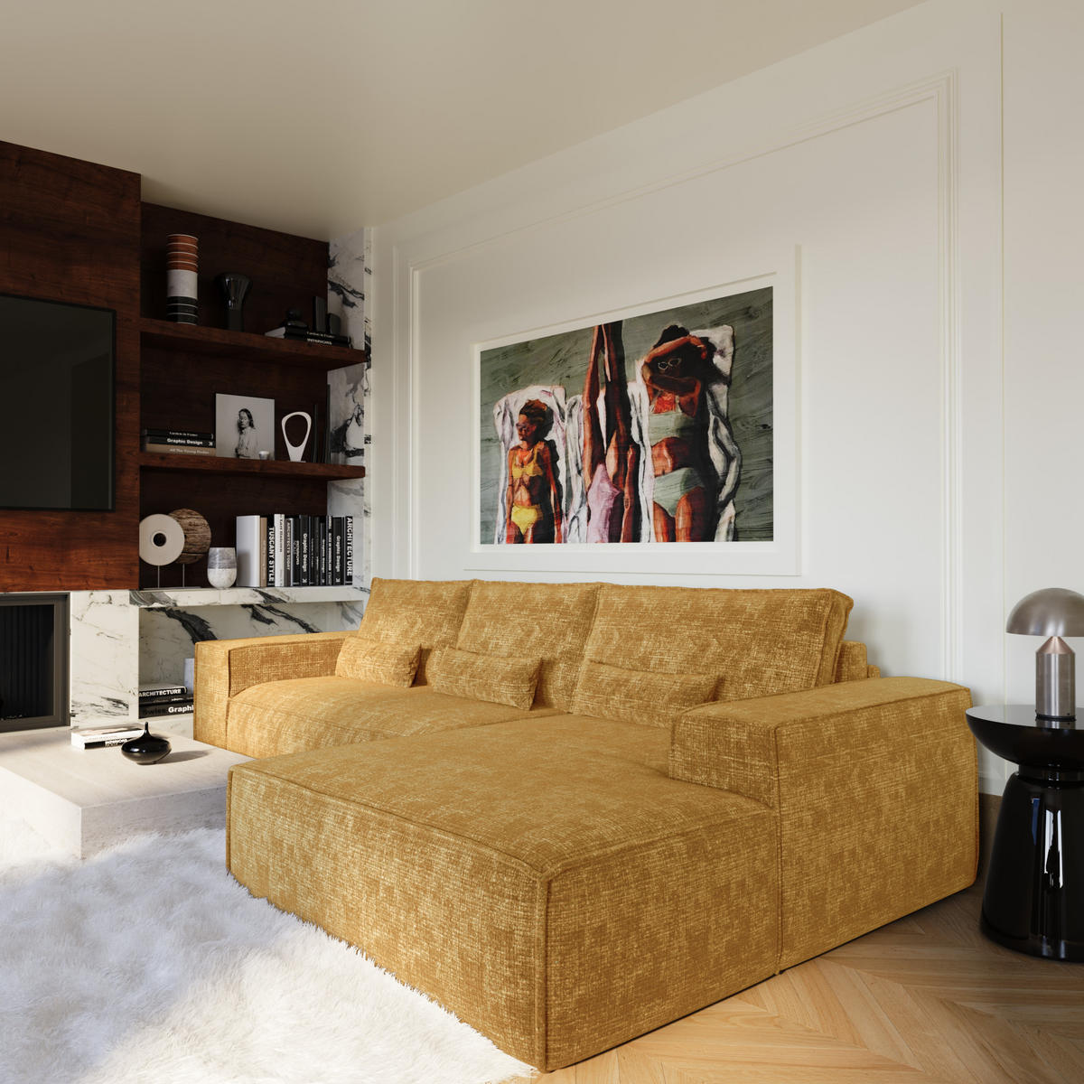 ECKSOFA rechtwinklig JUNE Geprägter Samt Senf 320cm - Gelb/Dunkelgelb, Textil (320/165cm) - Premium Interiors