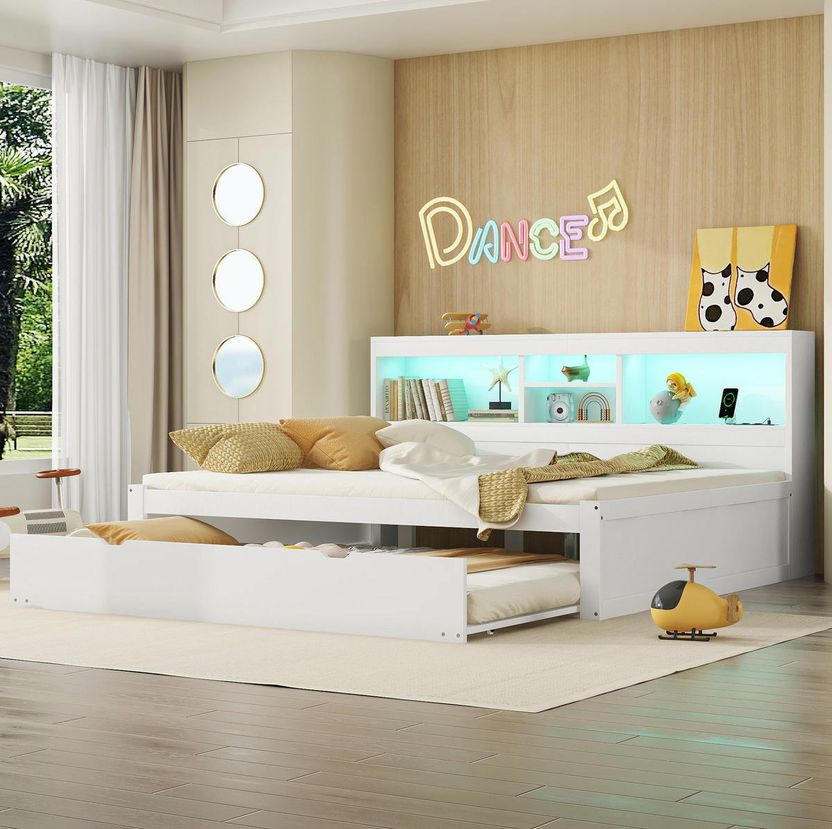 POSTEĽ 140/200 cm, biela, z drevotriesky a MDF, s LED osvetlením a výsuvným lôžkom - biela, kompozitné drevo (140/200cm) - BEAOK