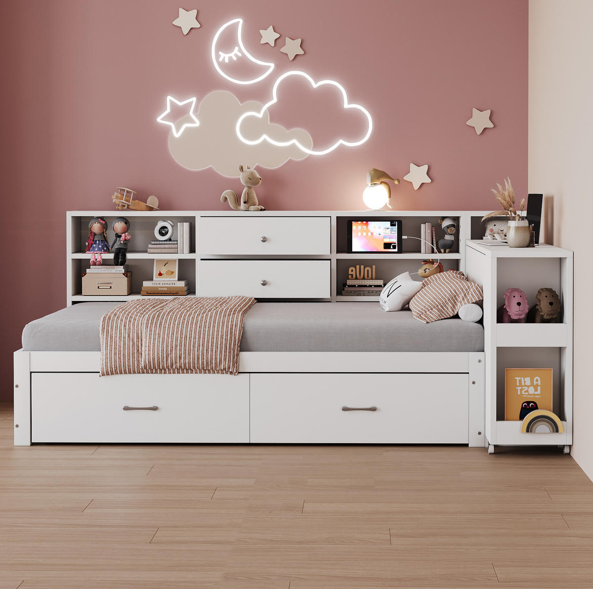 MULTIFUNKTIONSBETT aus Holz 90x200 cm Weiß mit Stauraum, ausziehbarem Schreibtisch, USB-Anschlüssen und Steckdose - Weiß, Holzwerkstoff (90/200cm) - Modfu