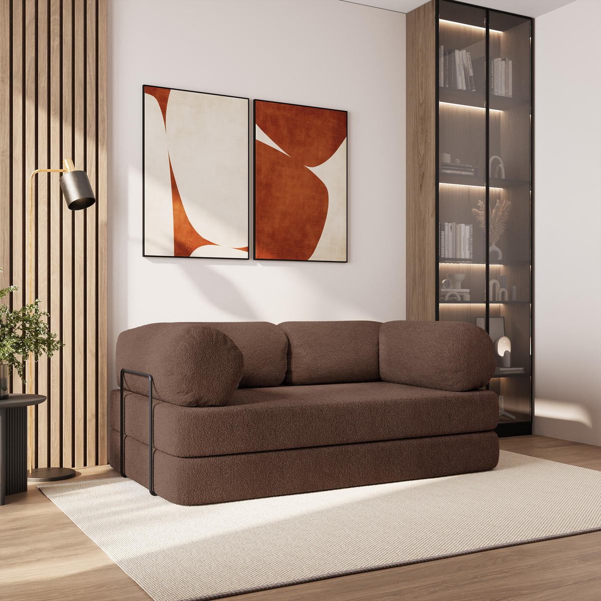 BETTSOFA EIREN aus Schaumstoff Bucle-Stoff Braun Schlaffunktion - Braun, Textil (170/68/80cm) - MASSENO