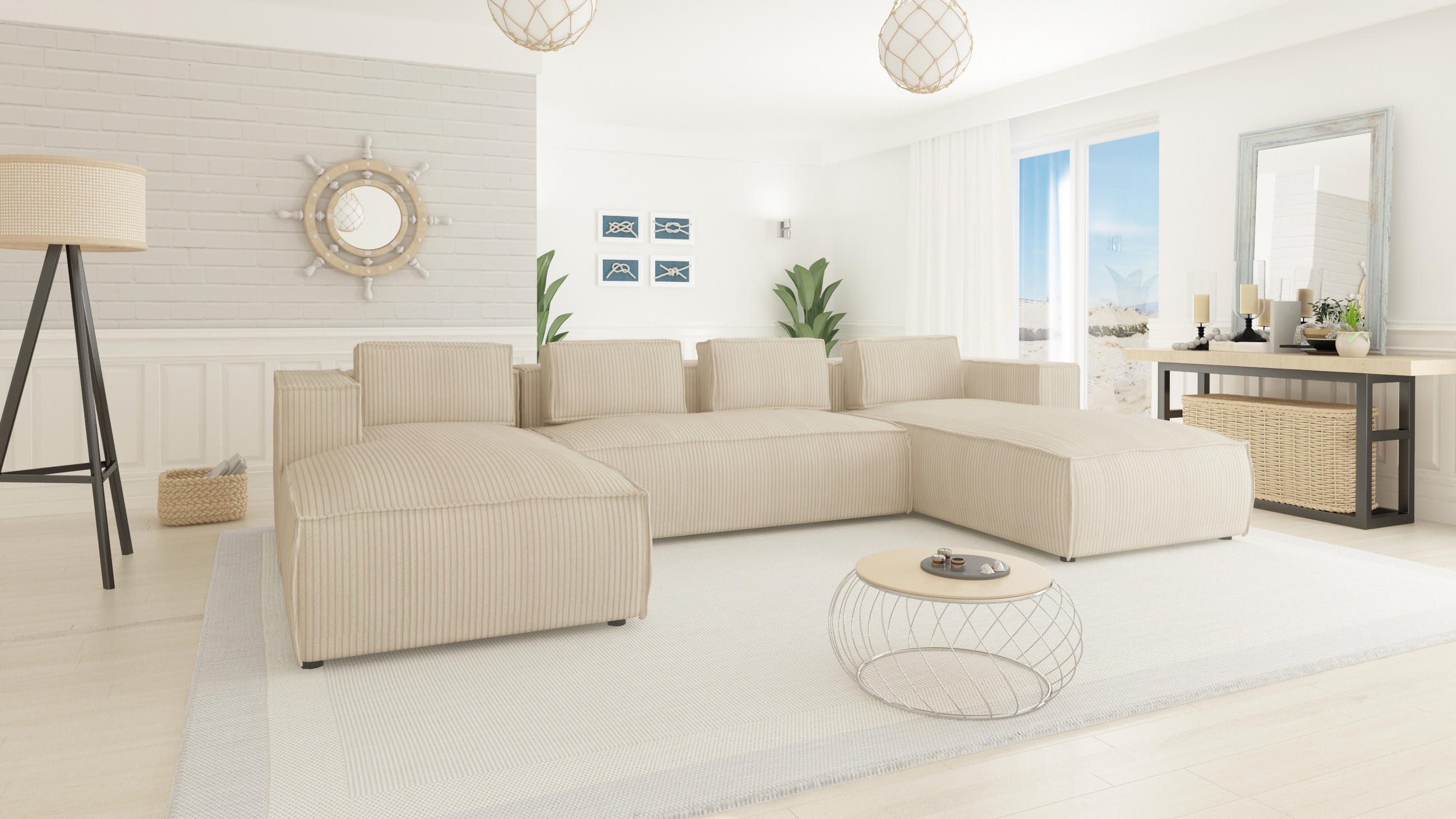 WOHNLANDSCHAFT Nova Beige Cord - Beige/Schwarz, Holz/Kunststoff (327/64/176cm) - S-Style Möbel