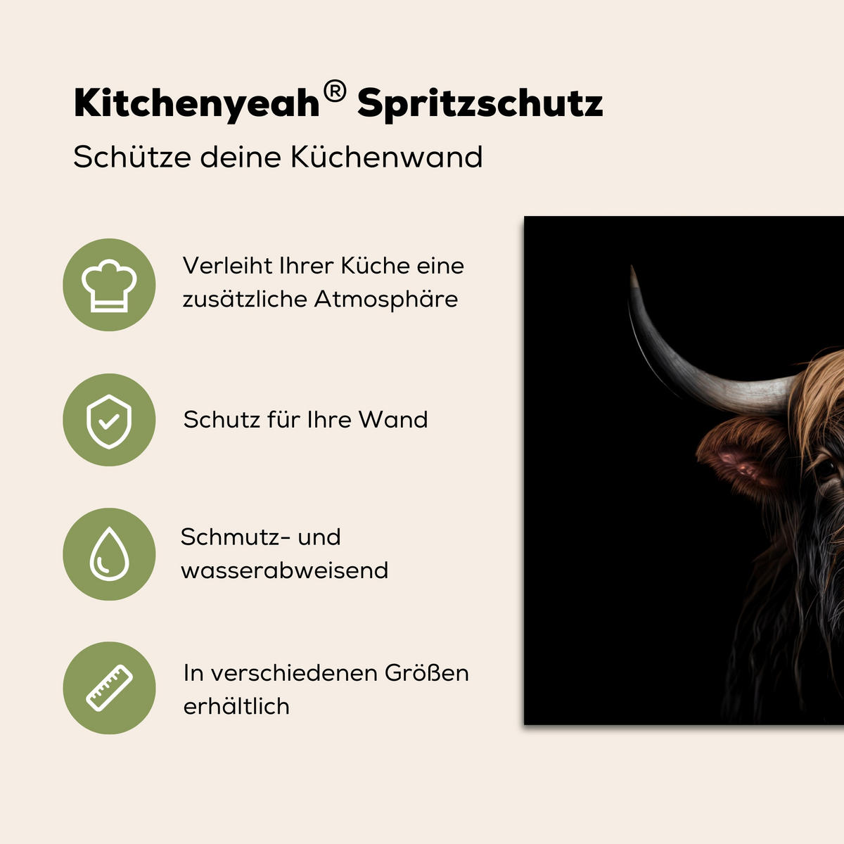 SPRITZSCHUTZ KÜCHE Schottischer Highlander - Porträt - Schwarz - Tier 60x40 cm - Braun, Metall (60/0.3/40cm) - MuchoWow