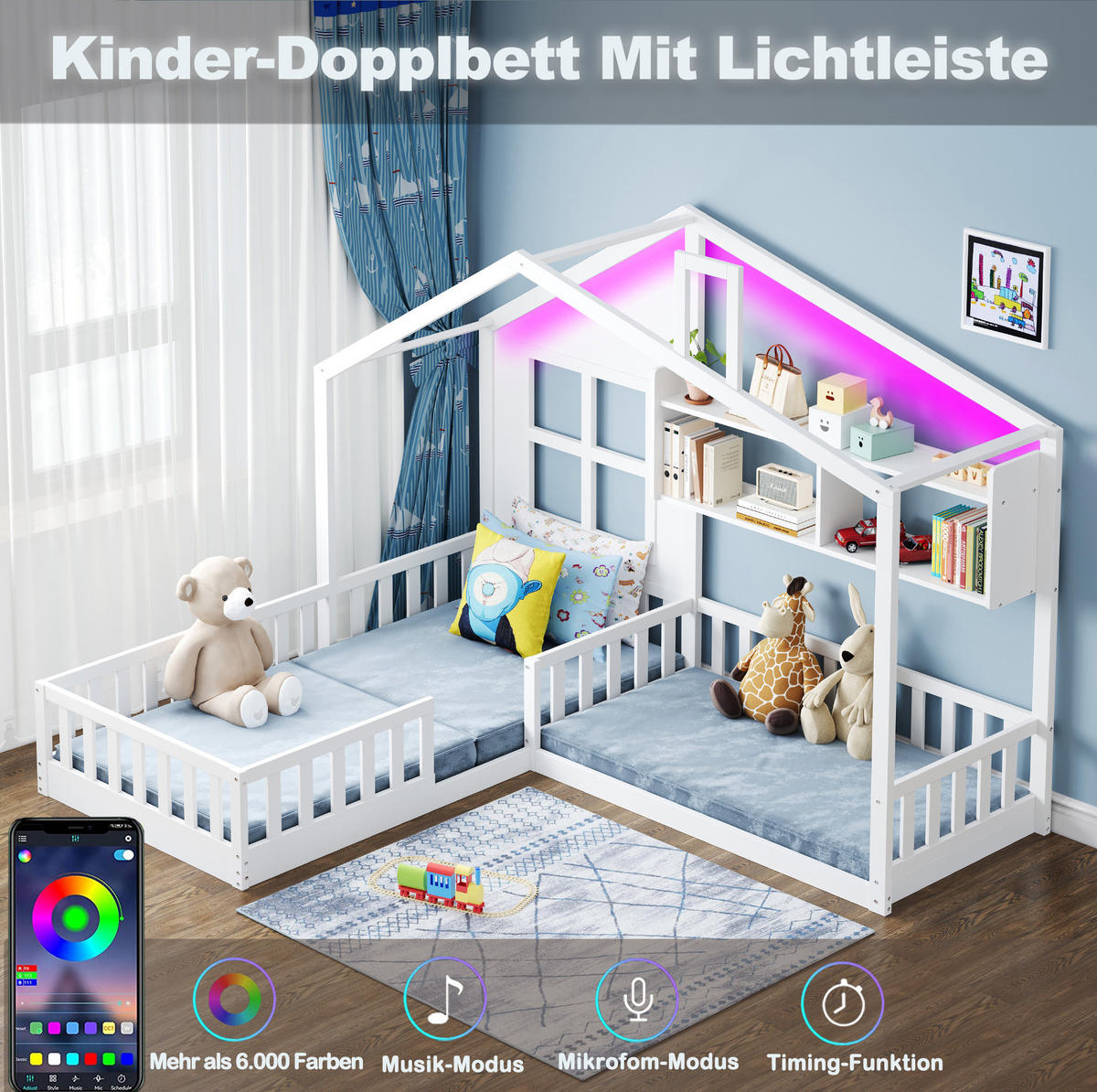 KINDERBETT 90/200 cm mit LED-Beleuchtung, Regalen und Sicherheitsgitter, Weiß - Weiß, Holzwerkstoff (90/200cm) - Redom