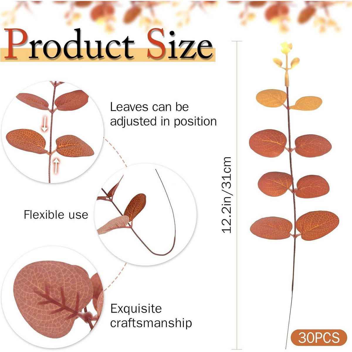 KUNSTZWEIGE Eukalyptus 30 Stück 31cm Herbstfarben - Orange, Textil (32cm)