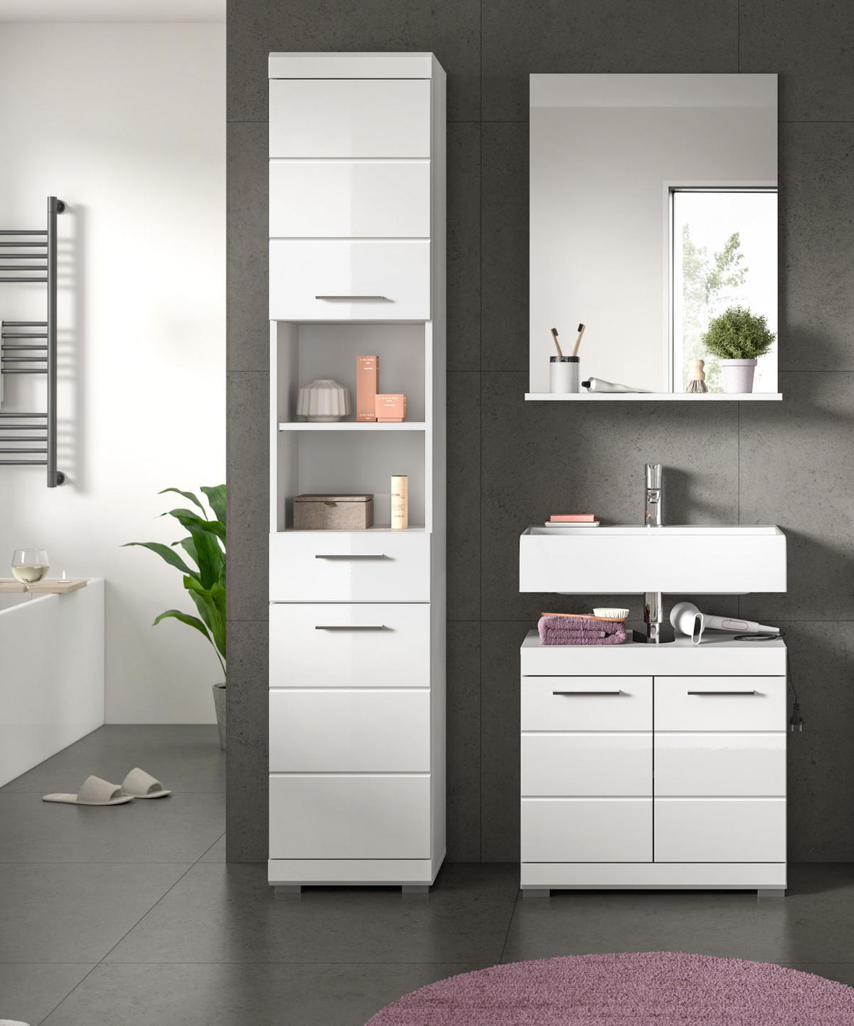 WASCHBECKENUNTERSCHRANK weiß Hochglanz 60 cm mit Rillenoptik - Weiß Hochglanz/Silberfarben, Holzwerkstoff/Kunststoff (60/56/34cm) - Inn.Furn