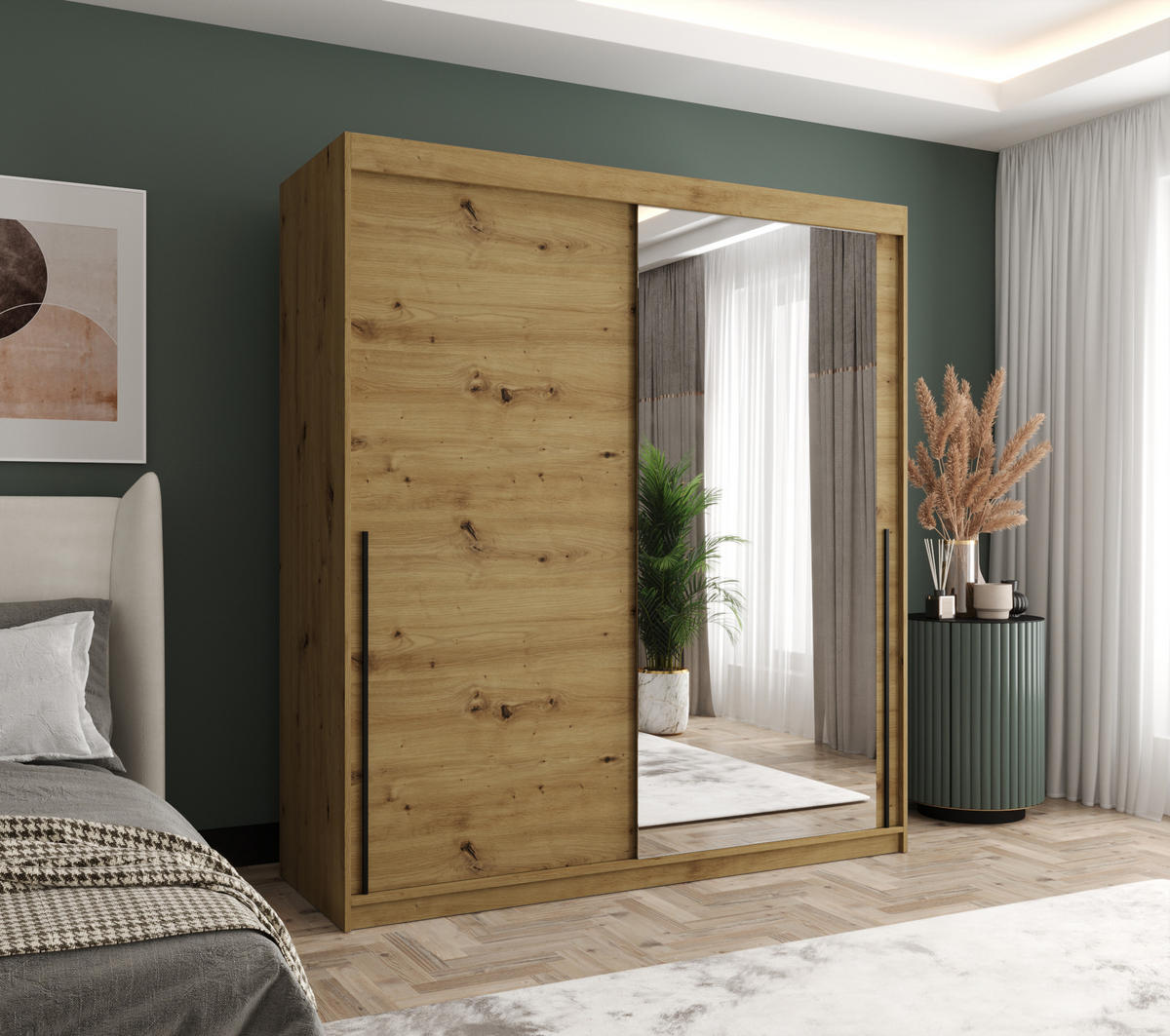 SCHIEBETÜRENSCHRANK mit Spiegel 180 cm Breite Artisan mit schwarzem Griff - Schwarz/Eiche Artisan, Holzwerkstoff (180/200/62cm) - Home Collective