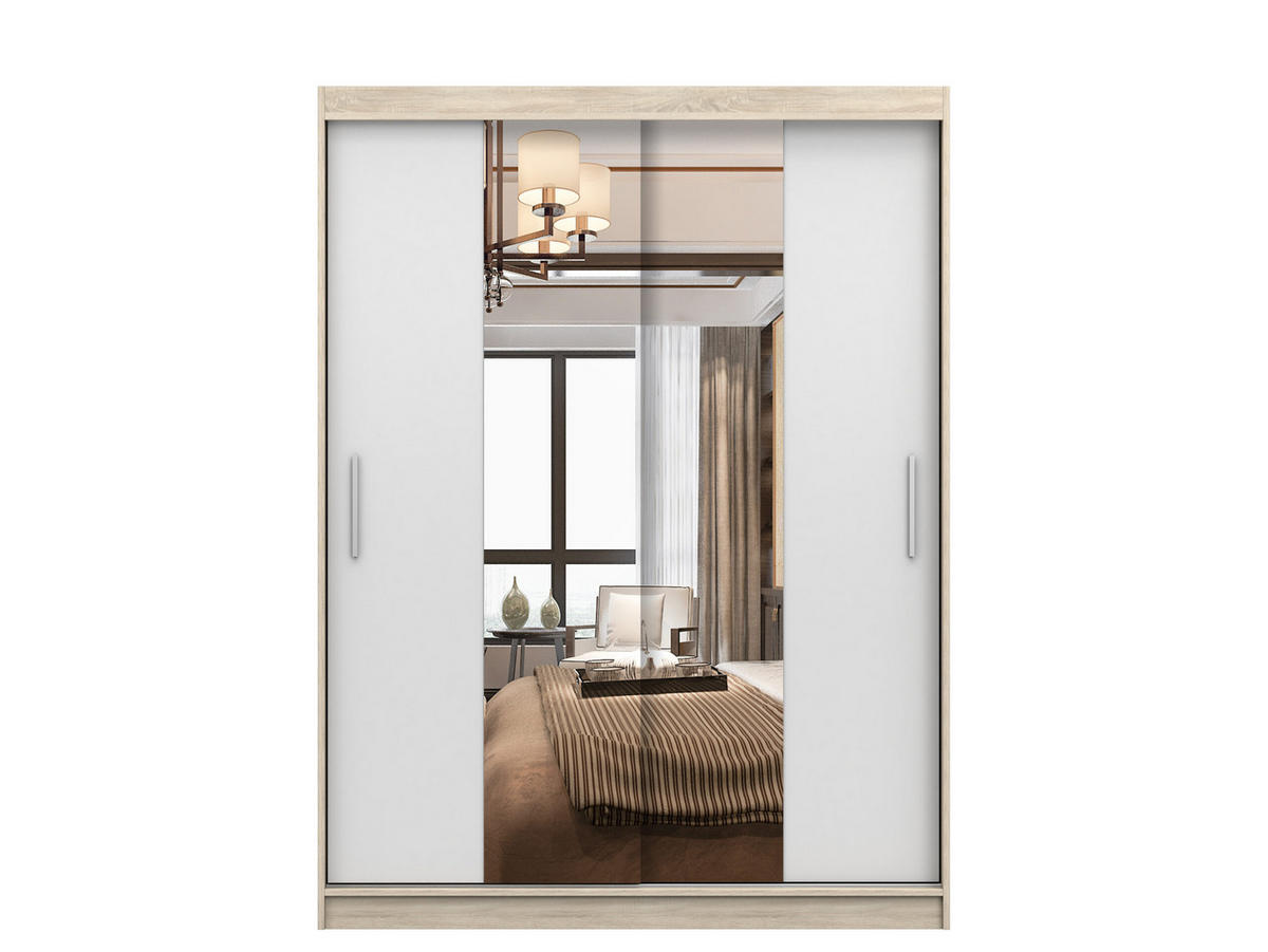 SCHIEBETÜRENSCHRANK - LARA 01 (Sonoma + Weiß) - Weiß/Sonoma Eiche, Holzwerkstoff/Metall (150/200/61cm) - Möblo