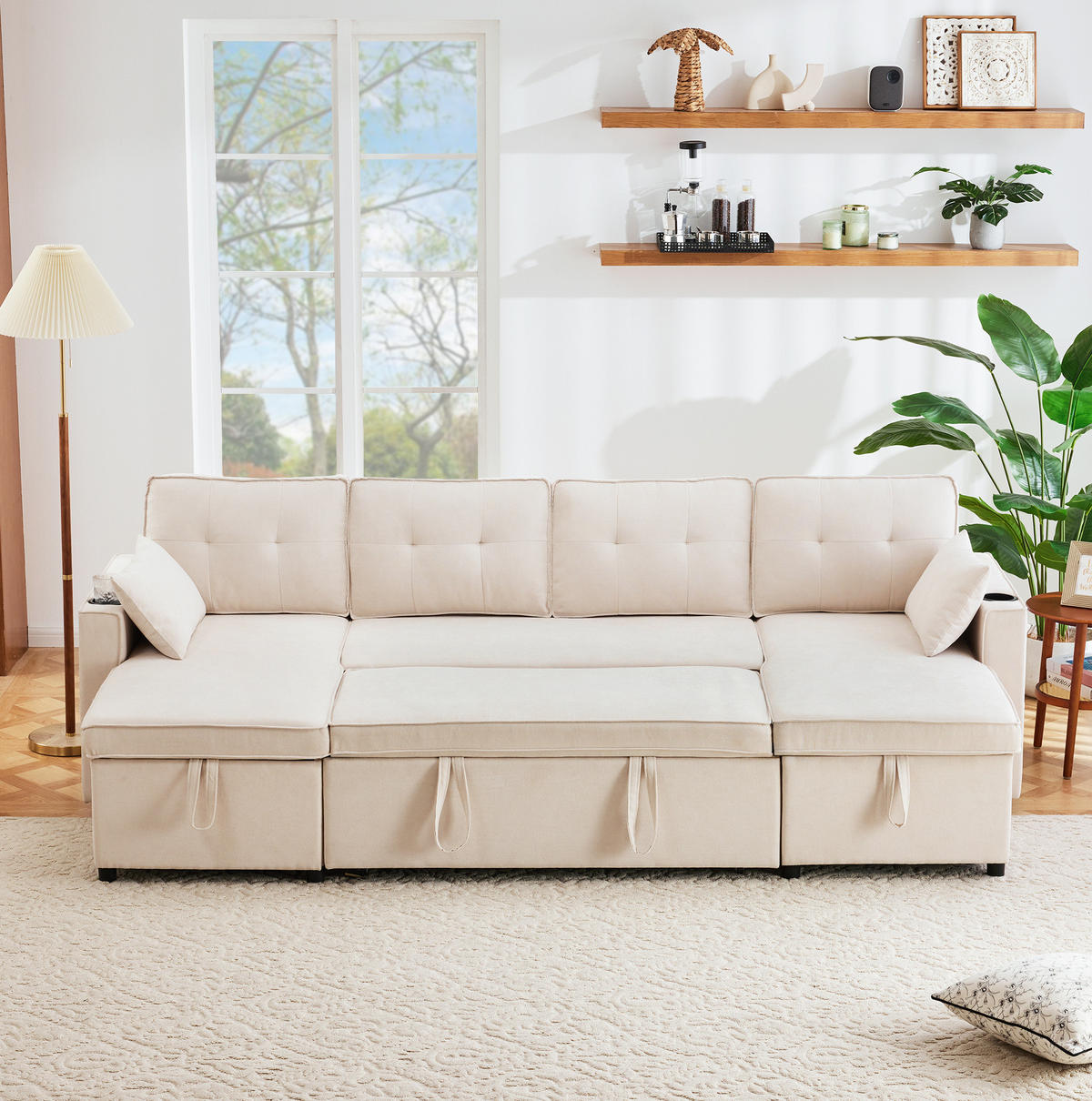 SCHLAFSOFA 270/130/86 cm in Beige – ausziehbar mit Stauraum und Getränkehaltern - Beige, Textil (130/86/270cm) - BEAOK