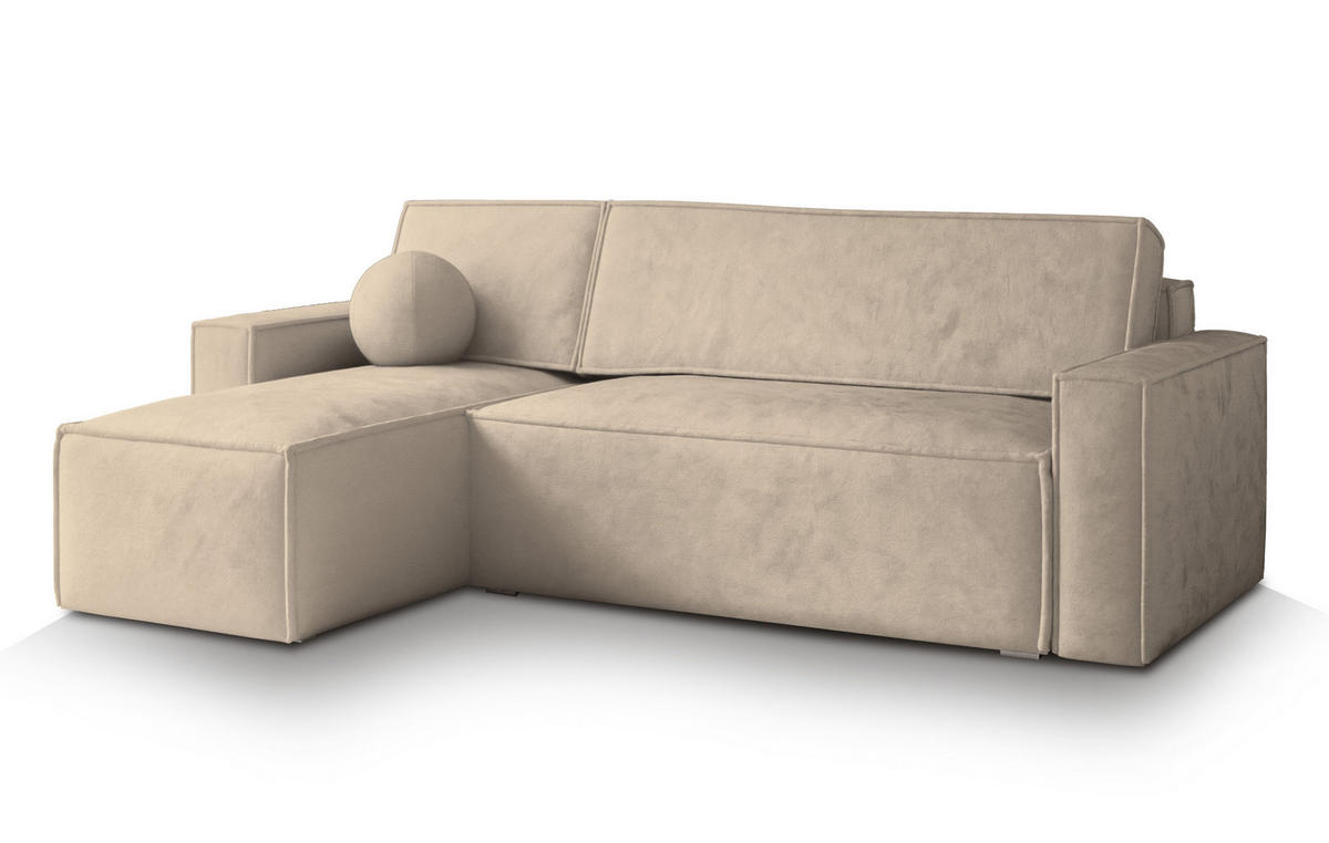 ECKSOFA RAVELO M Creme Velours-Stoff mit Schlaffunktion - Creme, Holz (240/140cm) - MASSENO