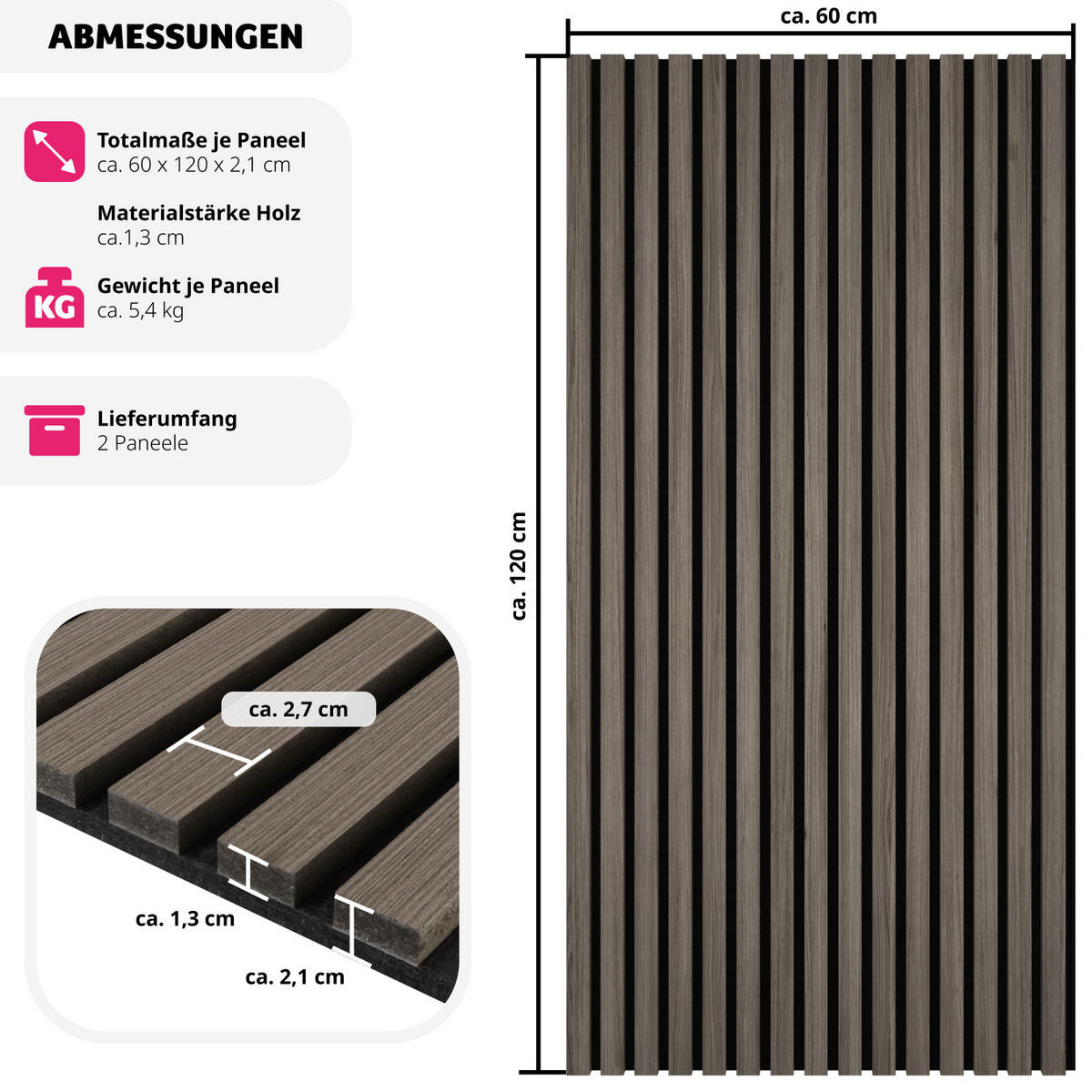AKUSTIKPANEELE 2er Set Sonic Wall,je 60 x 120 x 2,1 cm, Größe flexibel anpassbar,Eiche grau - Grau/Silbereichenfarben, Holz (60/120/120cm) - tectake