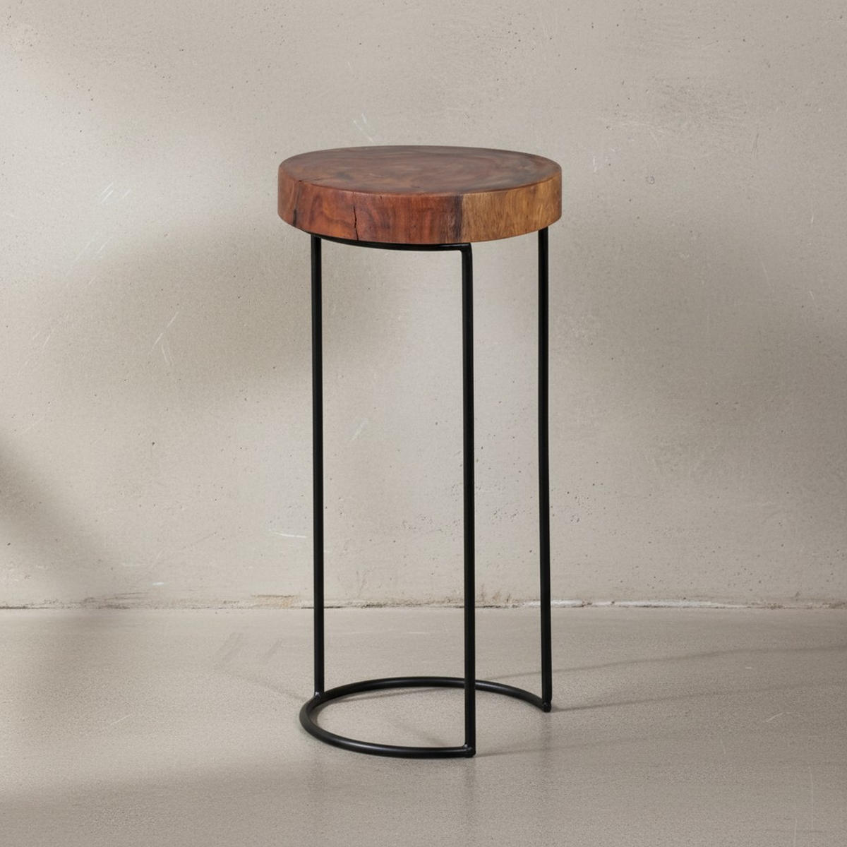 BEISTELLTISCH Massivholz Metallgestell Baumstammplatte Landhausstil INDI, Braun 28x28x55 cm - Schwarz/Braun, Holz/Metall (28/28/55cm) - KADIMA DESIGN