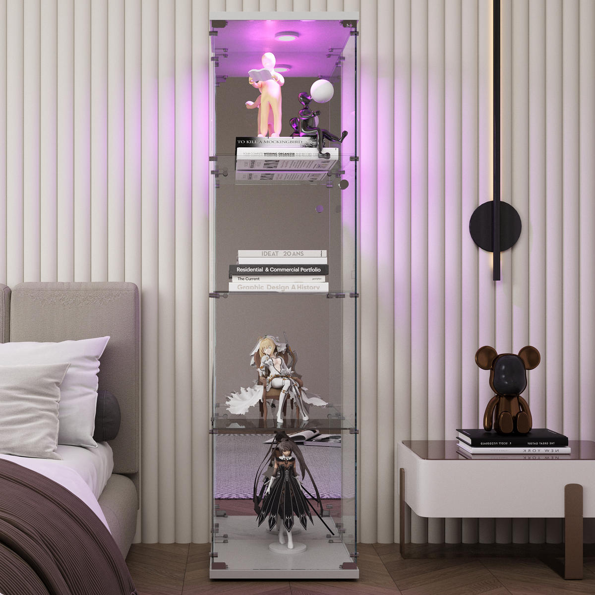 GLASVITRINE 4 Ebenen LED Glas Schrank weiß modern - Weiß, Holz (42.5/164/36.5cm) - LEBENLANG