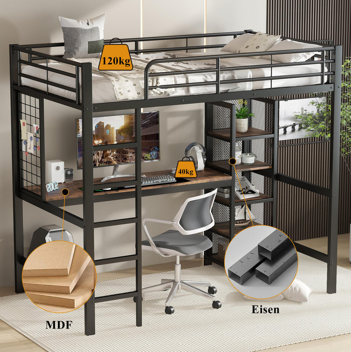 HOCHBETT 90/200 cm aus Metall und MDF mit Tisch und Regalfächern Schwarz-Dunkle Holzfarbe - Schwarz, Holzwerkstoff (90/200cm) - Modenvie