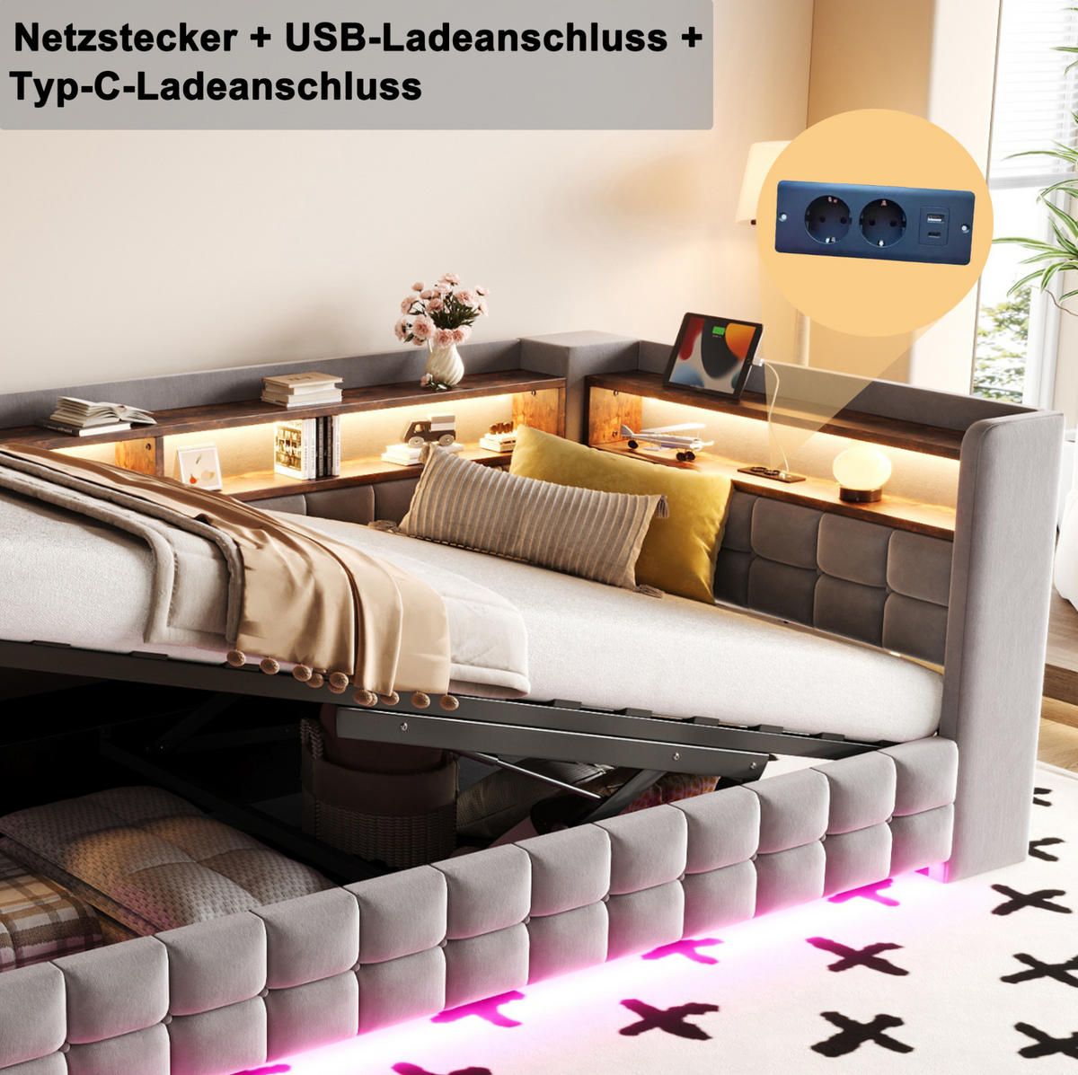 SCHLAFSOFA 90x200 cm in Hellgrau mit Stauraum, LED-Beleuchtung und Ladeanschlüssen - Hellgrau, Textil (90/200cm) - IVMEU
