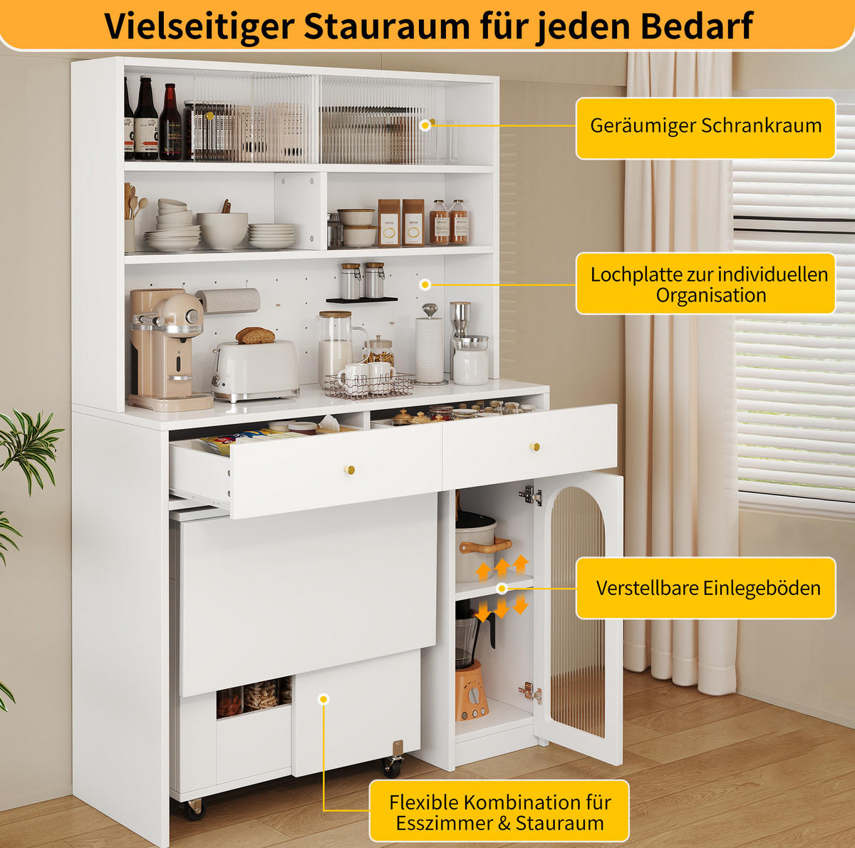 KÜCHENSCHRANK aus MDF 120x45x180 cm Weiß mit Arbeitsfläche, 2 Schubladen und Hakenleiste - Weiß, Holzwerkstoff (120/180/45cm) - IVMEU