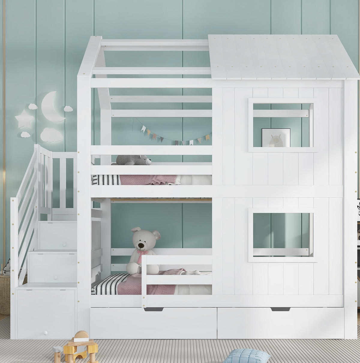 ETAGENBETT 90/200 cm aus Kiefer und MDF mit Treppenschrank, Rollschublade und Dach-Fenster-Design, Weiß - Weiß, Holz (90/200cm) - Redom