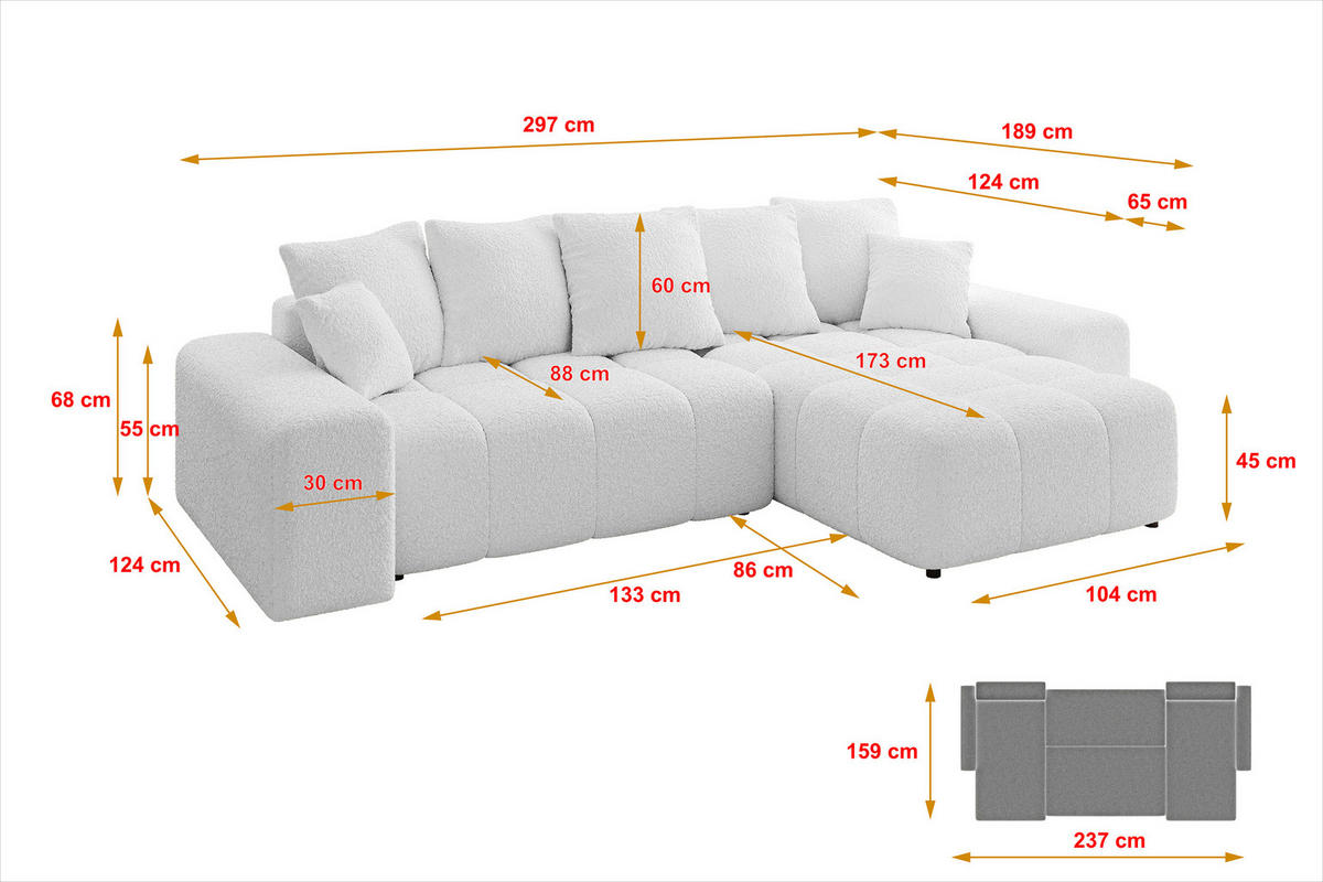 ECKSOFA Ottomane rechts ENIL-L 297x189x68 Weiß Bouclé - Weiß, Holzwerkstoff/Kunststoff (189/297cm) - ALTDECOR