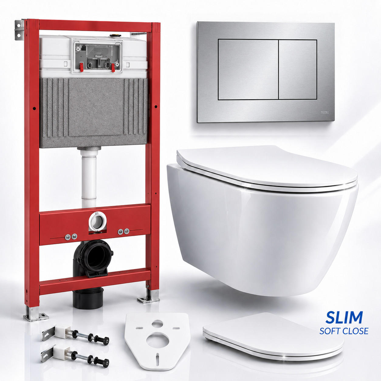WC-SET ROLO Weiß, Slim-Sitz, Vorwandelement und Betätigungsplatte TECEnow Chrom - Weiß, Keramik (50/112/48.5cm) - bad land