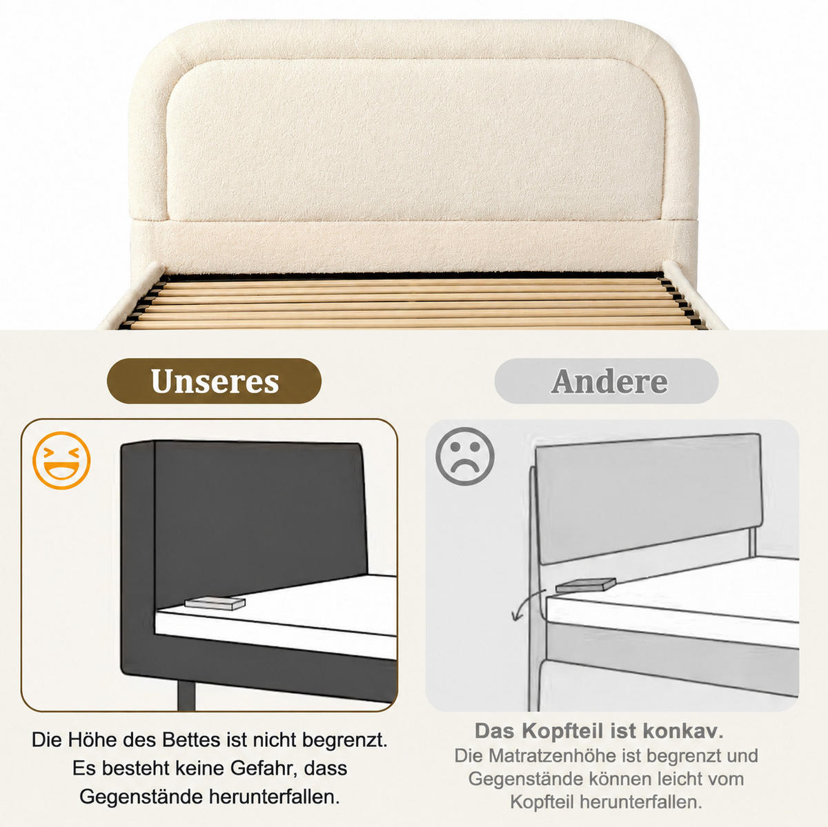 POLSTERBETT aus Bouclé 140x200 cm Beige mit hydraulischem Bettkasten und Lattenrost - Beige, Textil (140/200cm) - Modfu