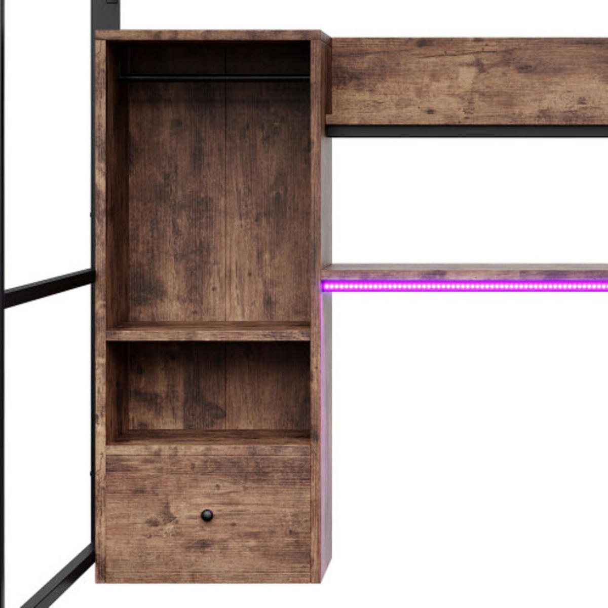 HOCHBETT 140 × 200 cm aus Metall und MDF mit Schreibtisch, Stauraumschublade und 16-Farben-LED-Leiste, schwarz - Schwarz, Holzwerkstoff - Luhomfu
