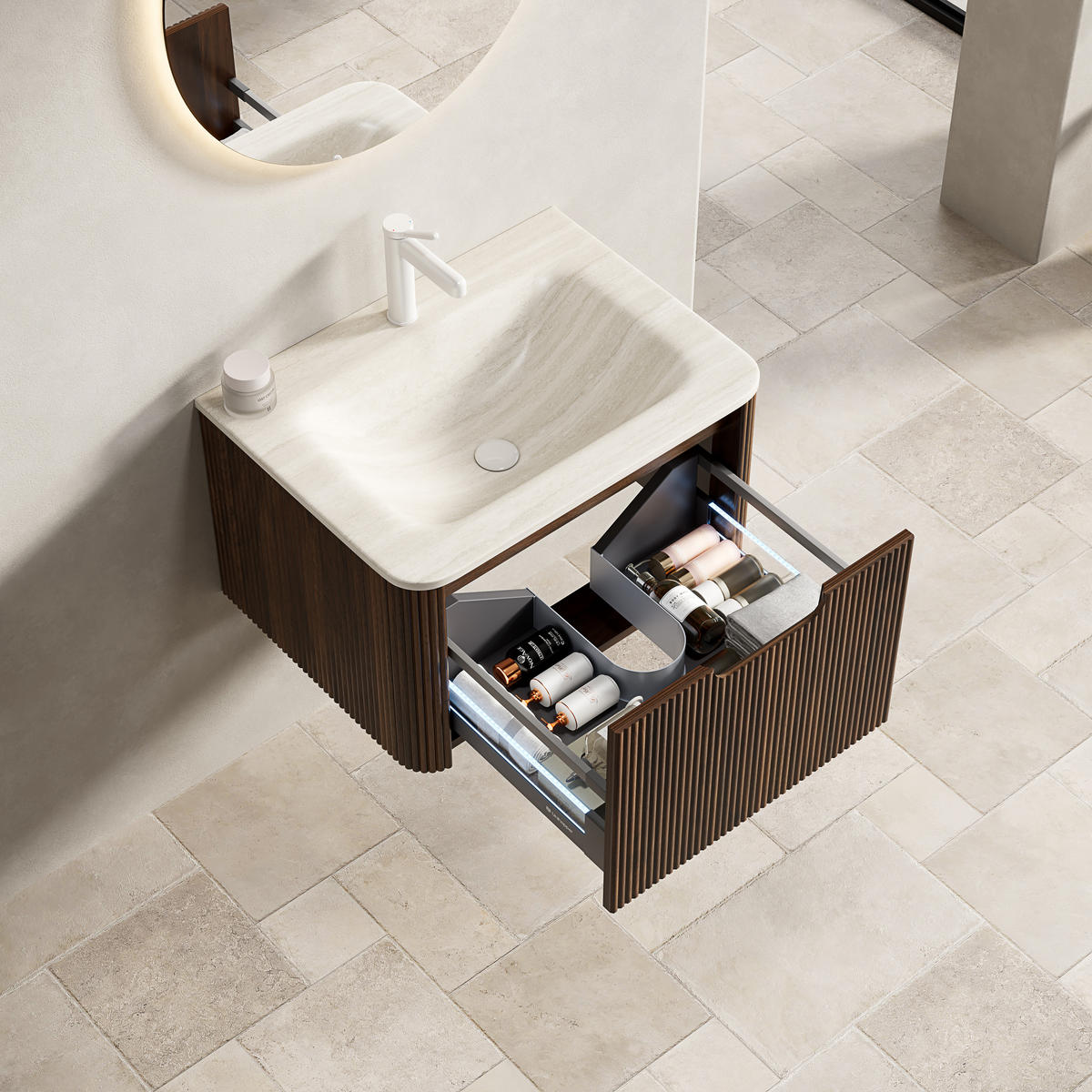 WASCHTISCHKOMBI mit gesintertem Steinbecken 60x46x37.5cm Beige & Nussbaum, LED-Soft-Close - Walnussfarben, Stein (46/37.5/60cm) - Modfu