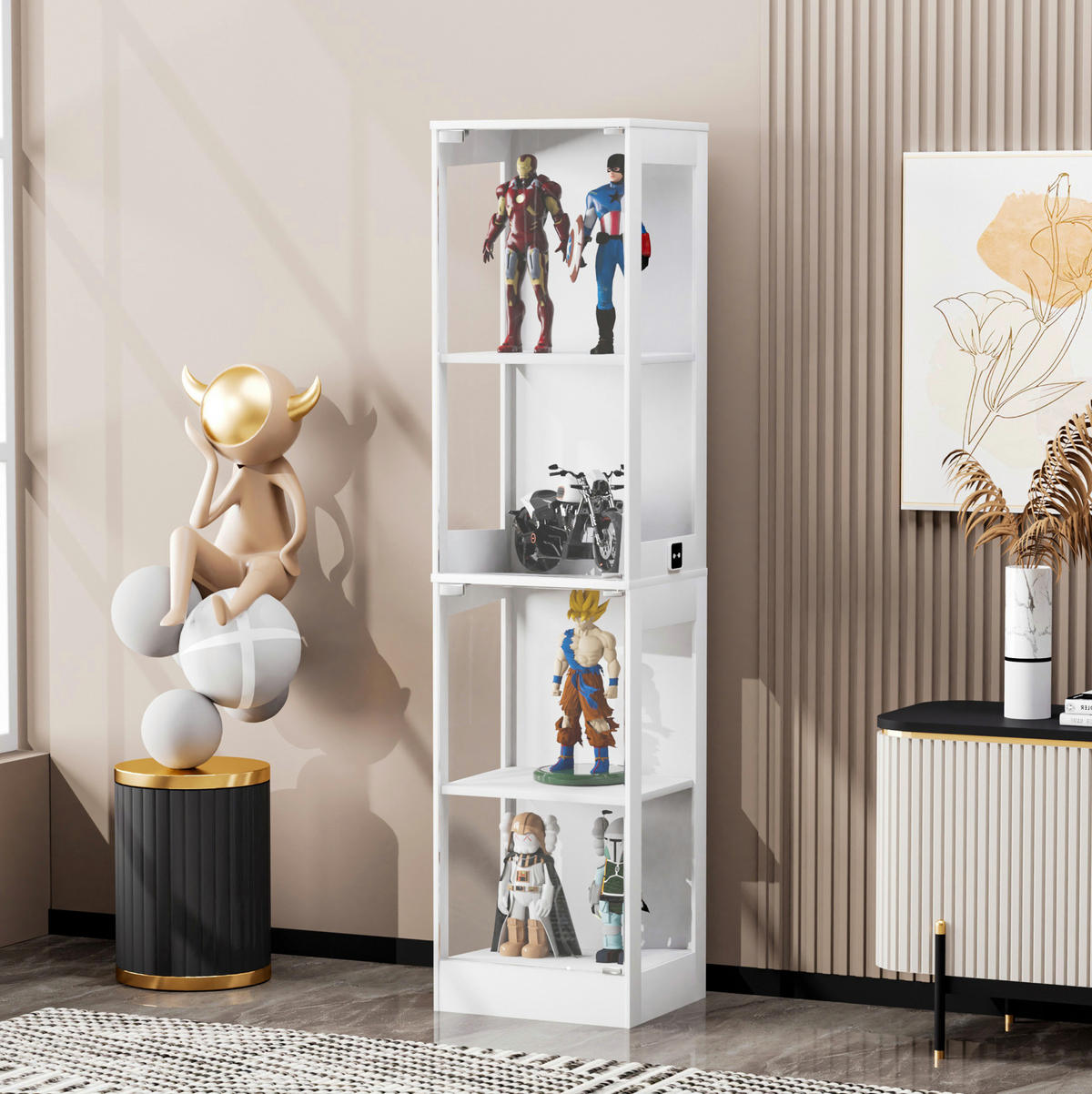 VITRINE 40/35/165 cm in Weiß mit Glastüren und LED-Beleuchtung - Weiß, Holzwerkstoff (40/165/35cm) - Flora Grace