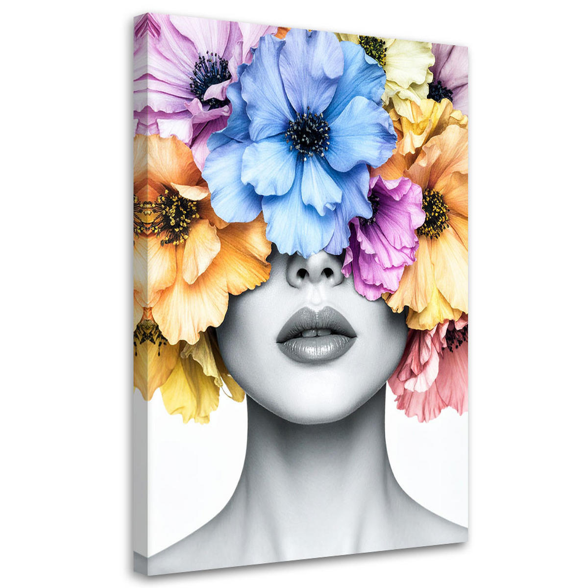 LEINWANDBILD Frau mit Blumen auf dem Kopf 80x120cm - Multicolor, Textil (80/120cm) - Feeby