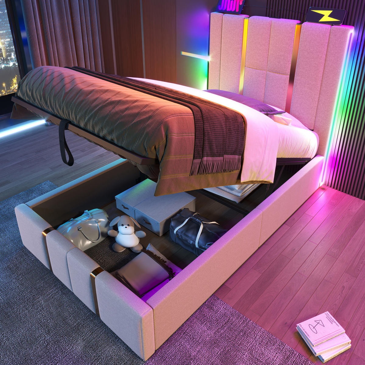 STAURAUMBETT 90/200 cm DE-00520, in Beige, LED und hydraulischem Bettkasten - Beige, Metall (90/200cm) - ComfortXL