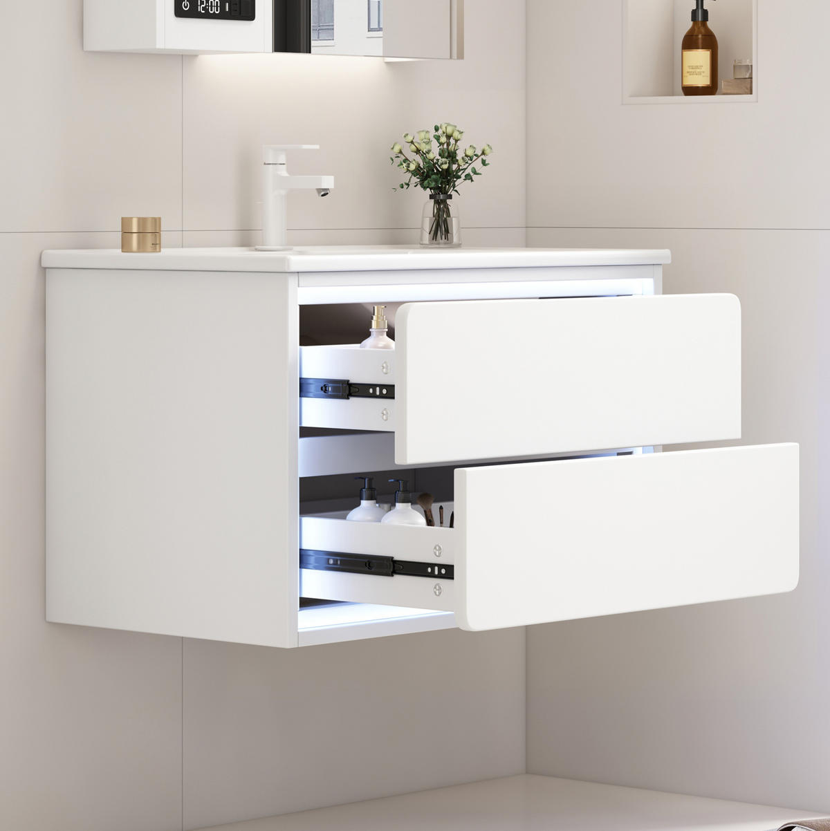 BADEZIMMERSCHRANK Hängend mit Waschbecken 76 x 46 x 48,5 cm Weiß - Weiß, Holzwerkstoff (46/58.5/76cm) - Beauniv