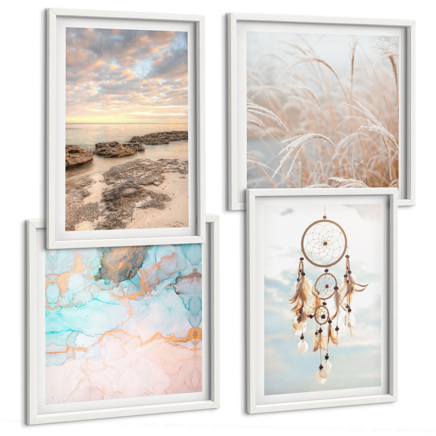 BILDER SET 4er Set - 50x50 cm & 40x60 cm Weißer Rahmen - Wolkenmeer, Traumfänger, Gras - Weiß, Kunststoff (50/50cm) - TULUP