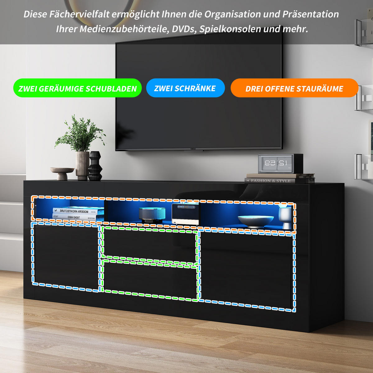 LOWBOARD 160/35/60 cm aus Spanplatte mit LED-Beleuchtung Schwarz - Schwarz, Holzwerkstoff (160/60/35cm) - Modenvie