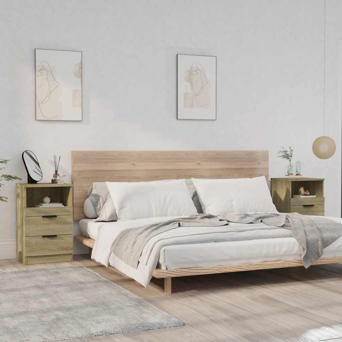 NACHTTISCH 2-teilig mit 2 Schubladen 40/36/65 cm aus Holzwerkstoff in Sonoma-Eiche Dekor - Beige/Schwarz, Holz/Holzwerkstoff (40/65/36cm) - vidaXL