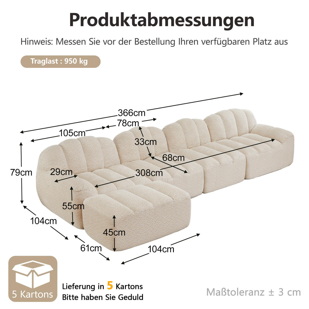 ECKSOFA 366/165/79 cm Cremefarben Granulatvlies mit 1 Fußhocker - Beige, Textil (366/165cm) - Oxeza