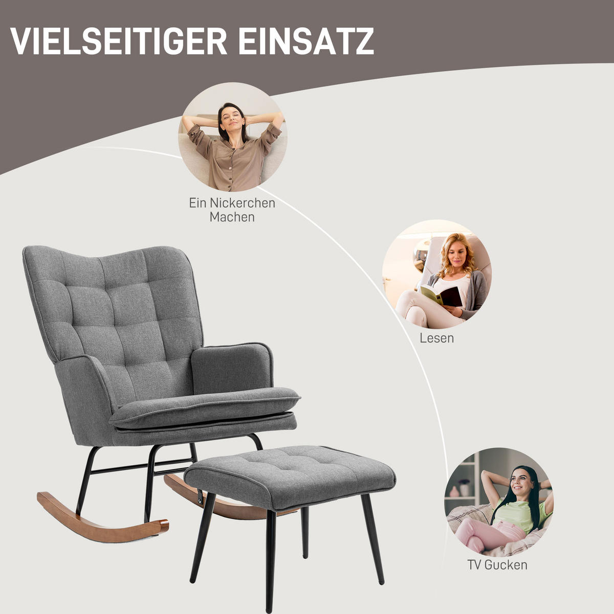SCHAUKELSTUHL Schwingsessel mit Hocker Armlehnsessel Relaxsessel mit Leinenoptik - Dunkelgrau/Schwarz, Holz/Textil (89/90/64cm) - HOMCOM