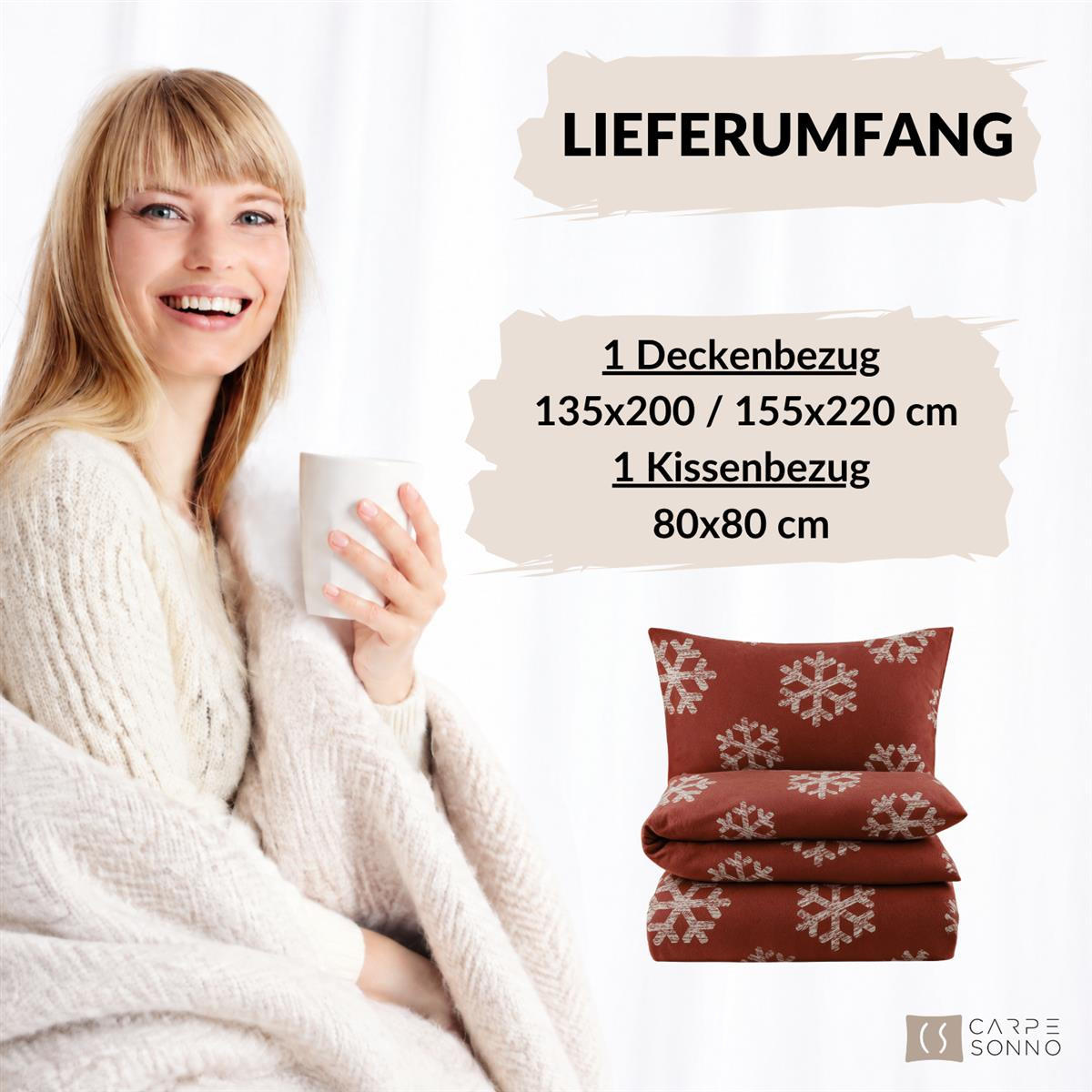 BIBER-BETTWÄSCHE 155x220 - Kuschelig warmer Flanell Bettbezug aus 100% Baumwolle für Herbst & Winter - Schneeflocke - Rot, Textil (155/220cm) - Carpe Sonno