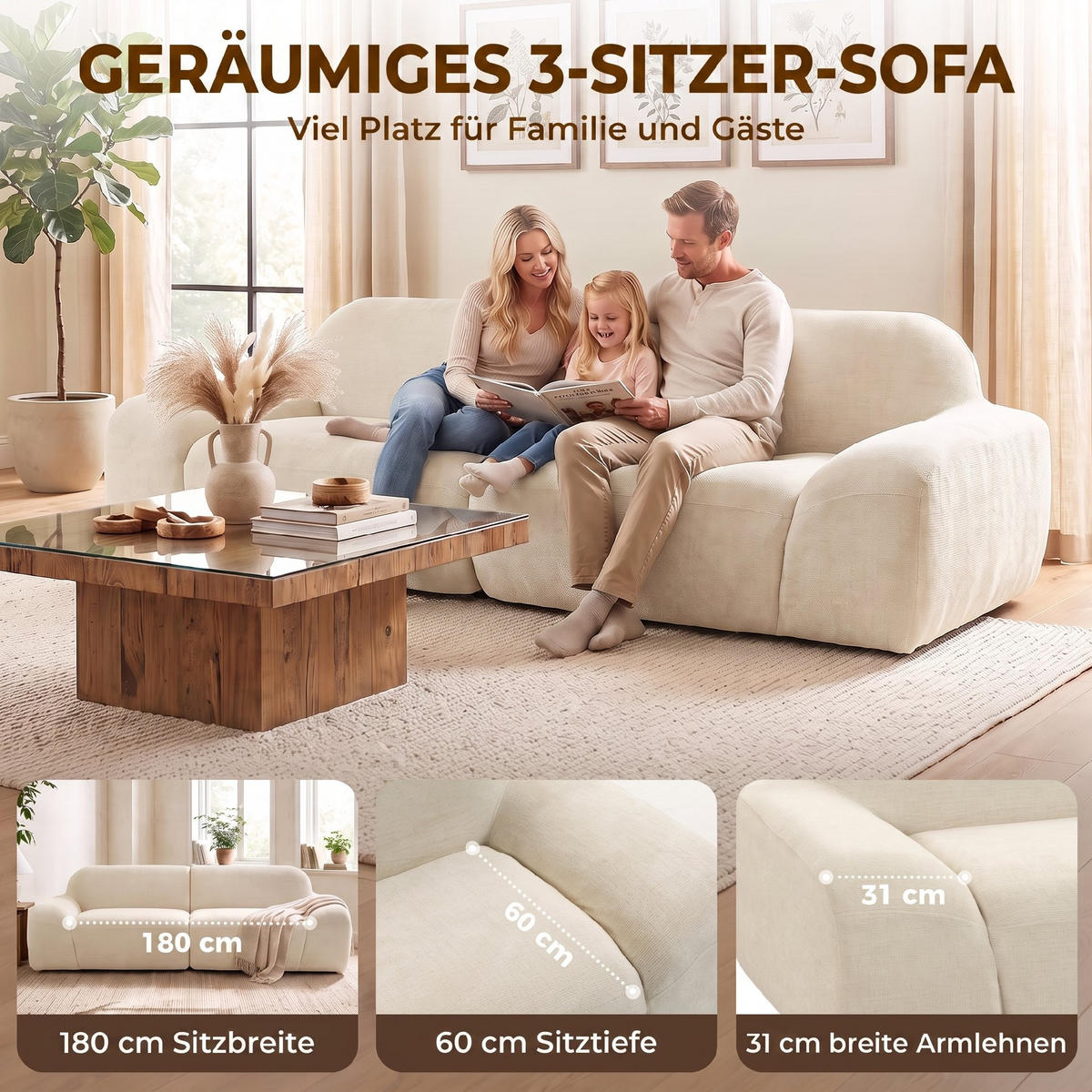2-SITZER Sofa Creme 244.0/95.0/70.0 cm - Creme, Textil (95/70/244cm)