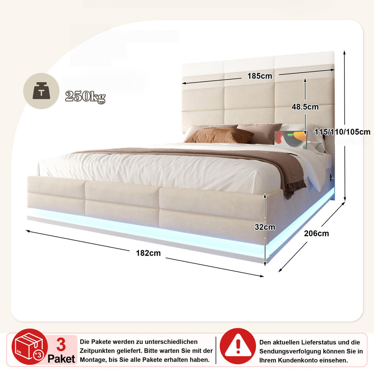 POLSTERBETT 180/200 cm in Beige Samt mit Bettkasten, LED und USB - Beige, Holzwerkstoff/Textil (180/200cm) - WISHDOR