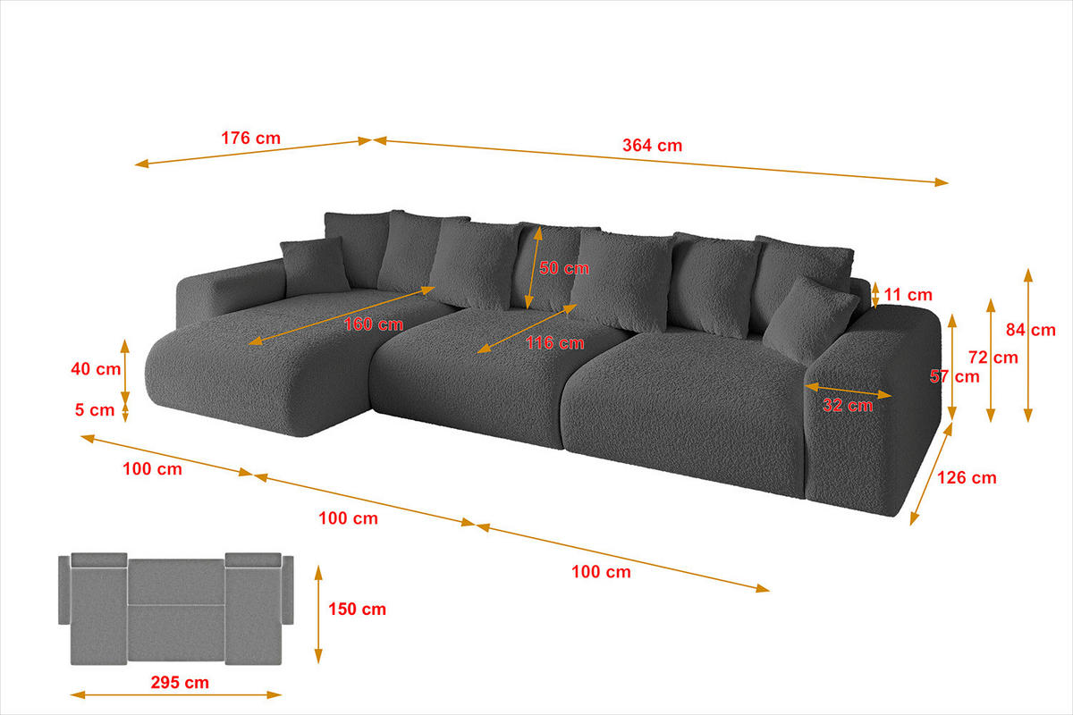 ECKSOFA Ottomane links ESKAR-L 364x176x84 Platinfarben Bouclé - Platinfarben/Schwarz, Holzwerkstoff/Kunststoff (364/176cm) - ALTDECOR