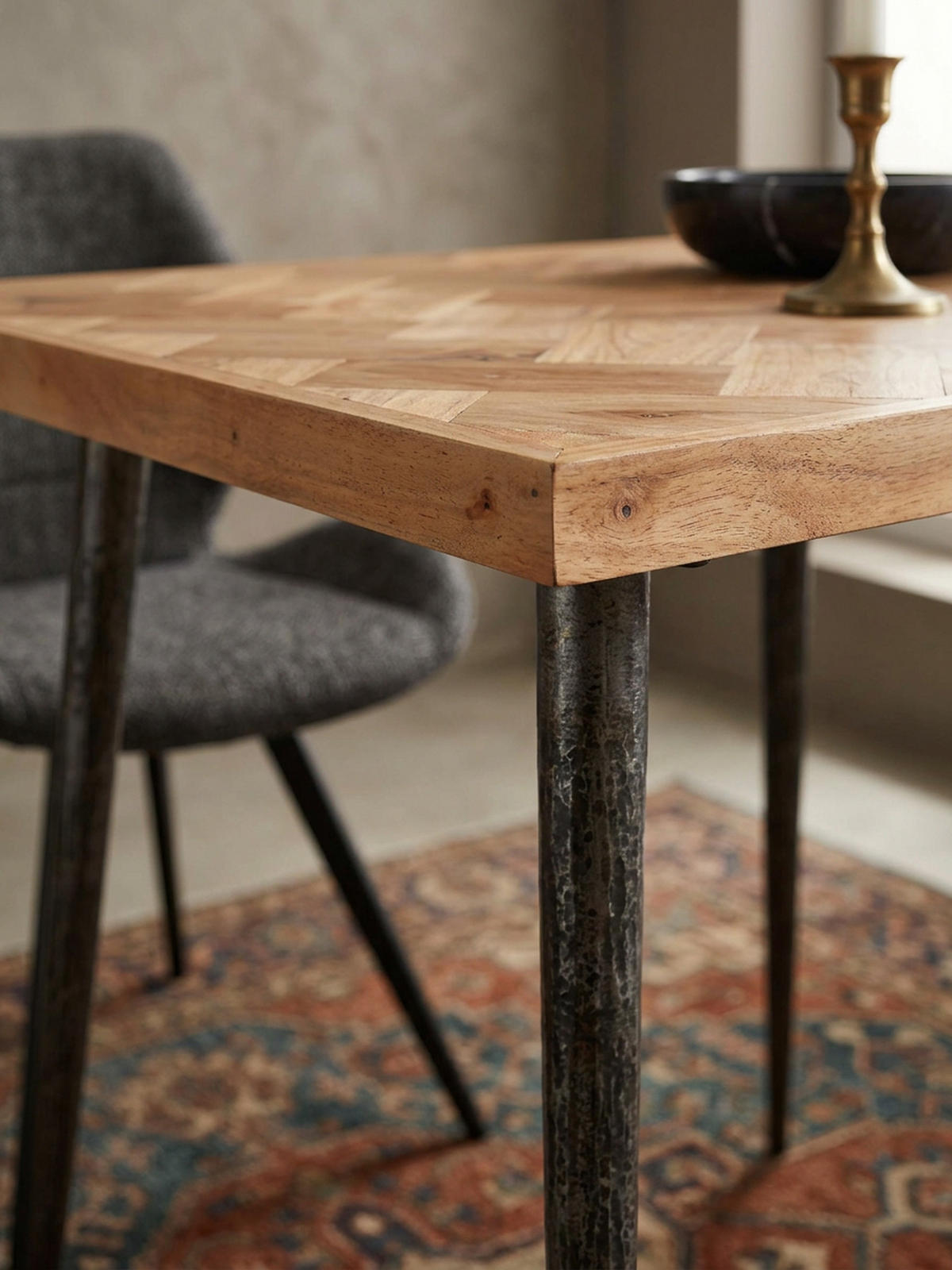 ESSZIMMERTISCH – Akazie Fischgrätmuster Metallbeine 80x80 cm Industrial - Beige/Anthrazit, Holz/Metall (80/80/76cm) - KADIMA DESIGN